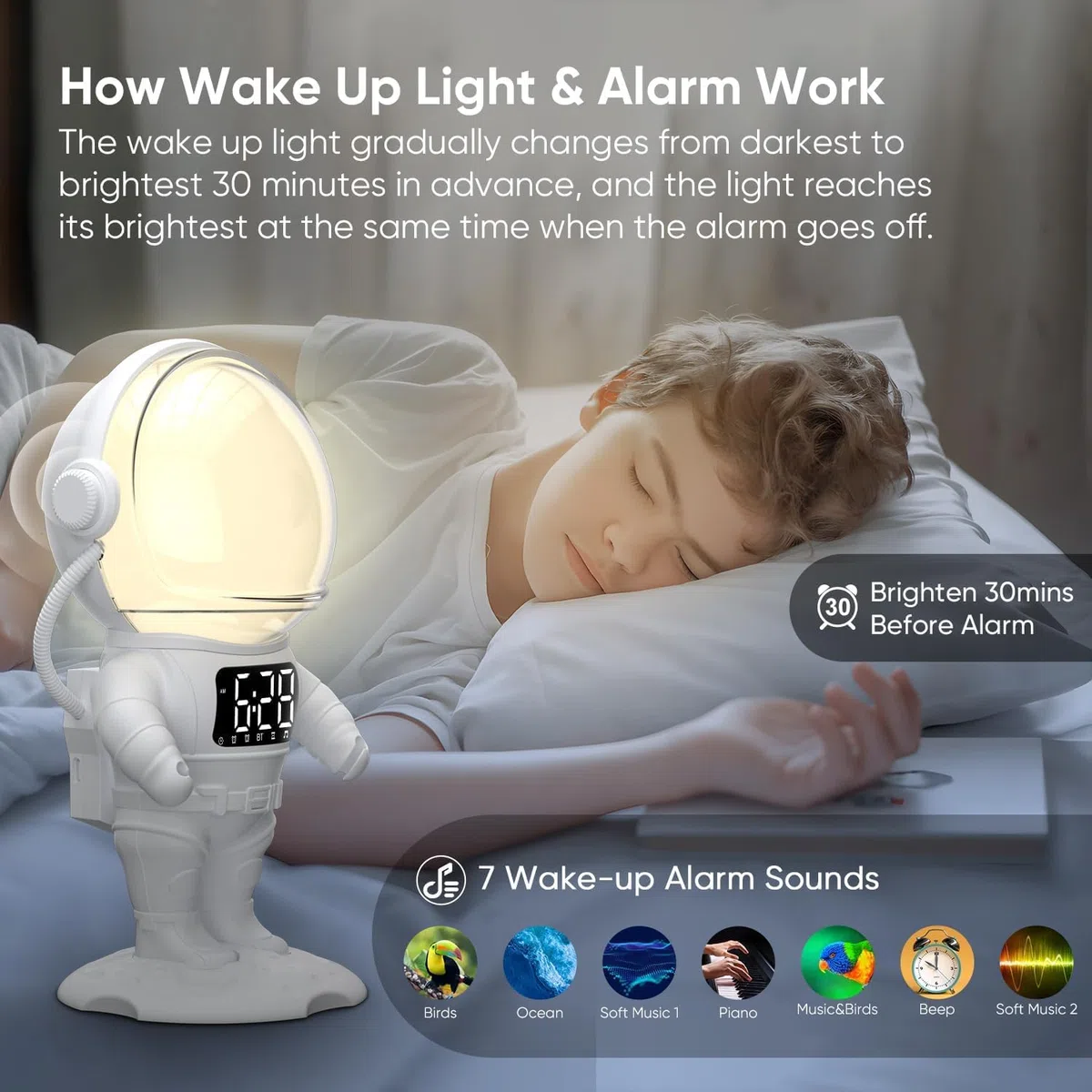Tageslichtwecker Sonnenaufgang Lichtwecker Wecker mit Licht, Sunrise Wake Up, Smart Bluetooth Lautsprecher, 21 White Noise,Timer,Dual Alarm, Dimmbare Nachtlicht mit Farbewechel für Erwachsene & Kinder