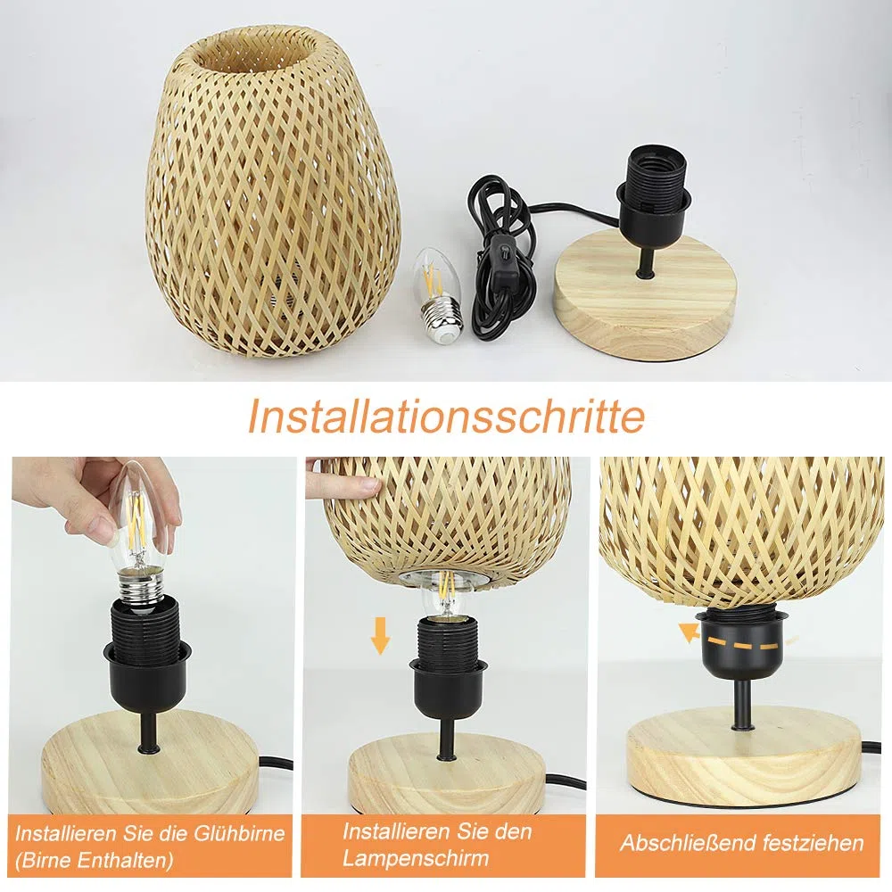 Depuley Modern LED Tischlampe Rattan aus Bambus und Holz, Dekorative Nature Tischleuchte mit E27-Fassung max. 60 Watt, Nachtlicht Leselampe für Schalfzimmer Kinderzimmer, Glühbirne enthalten
