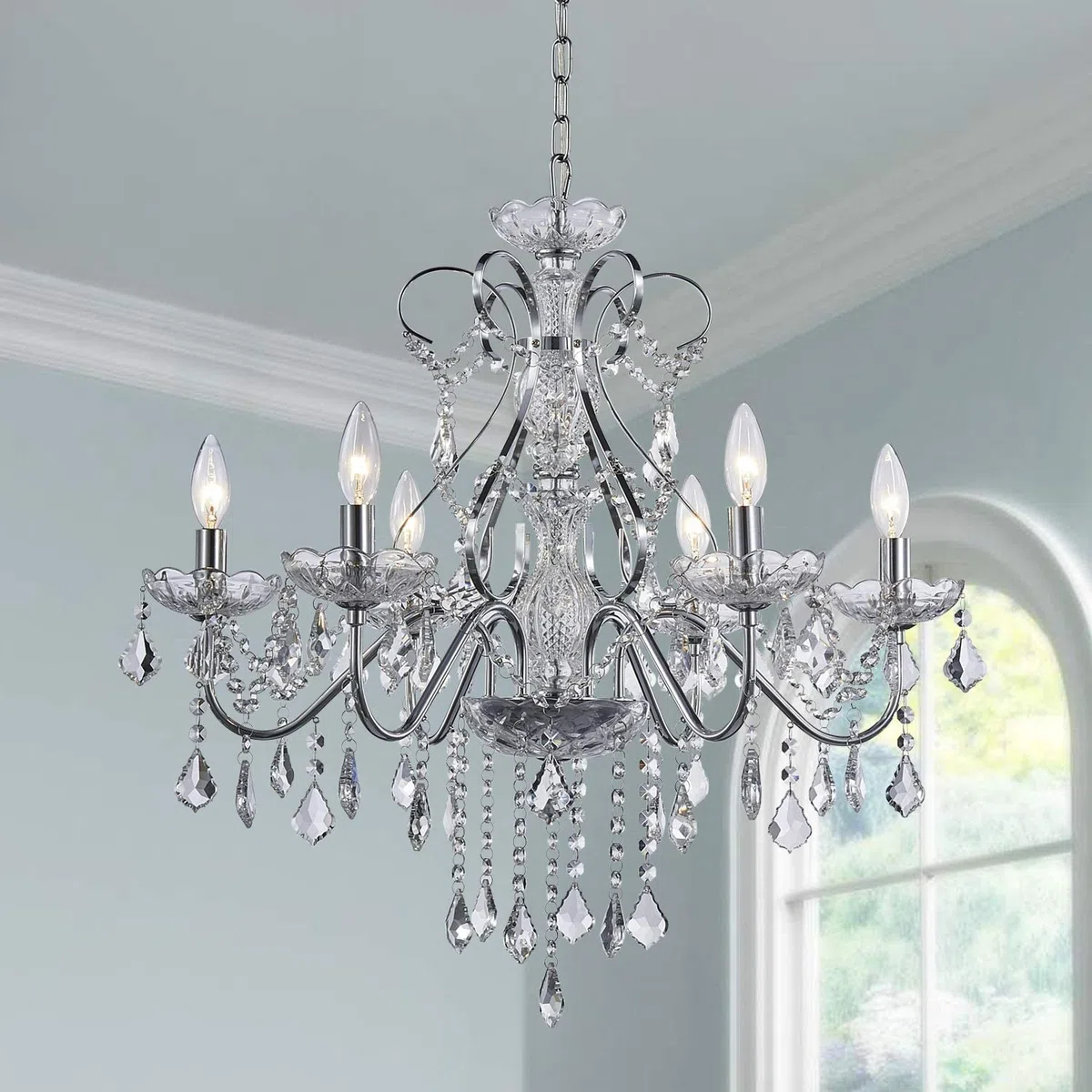 Saint Mossi 6 Licht Kristall Kronleuchter Moderne Leuchte des Kronleuchters,Kristallhängendes Licht Regentropfen Kronleuchter für den Speisesaal,Schlafzimmer,Wohnzimmer,H58cm x D60cm, verchromt