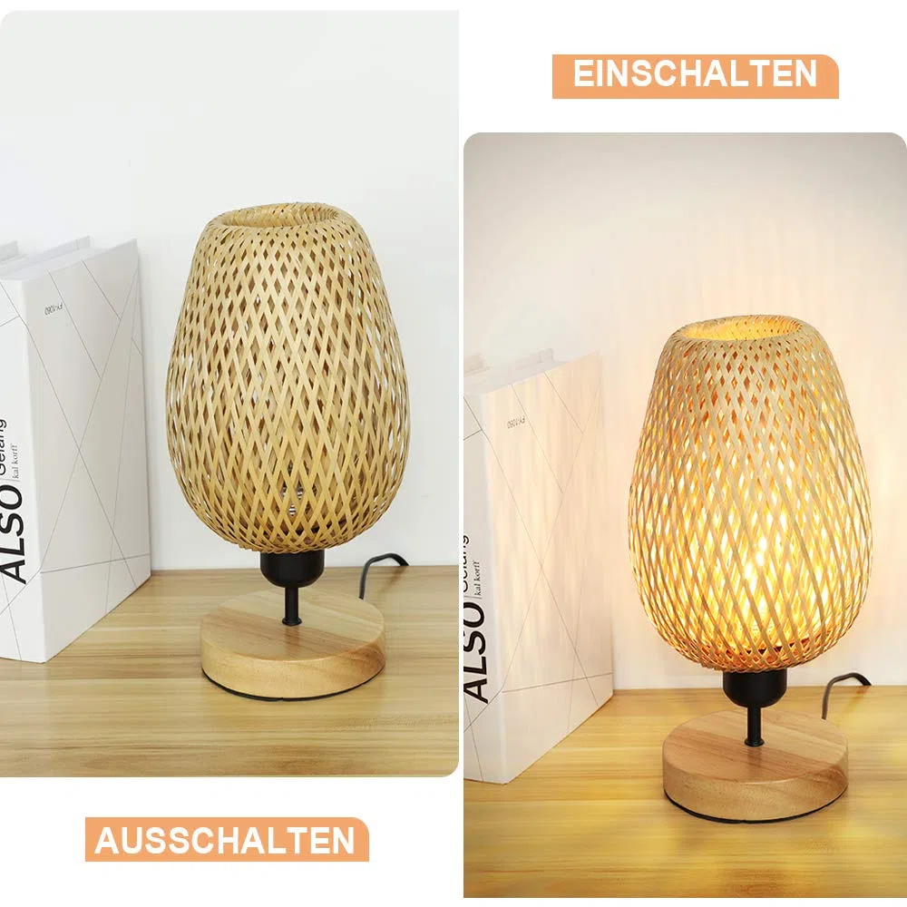 Depuley Modern LED Tischlampe Rattan aus Bambus und Holz, Dekorative Nature Tischleuchte mit E27-Fassung max. 60 Watt, Nachtlicht Leselampe für Schalfzimmer Kinderzimmer, Glühbirne enthalten