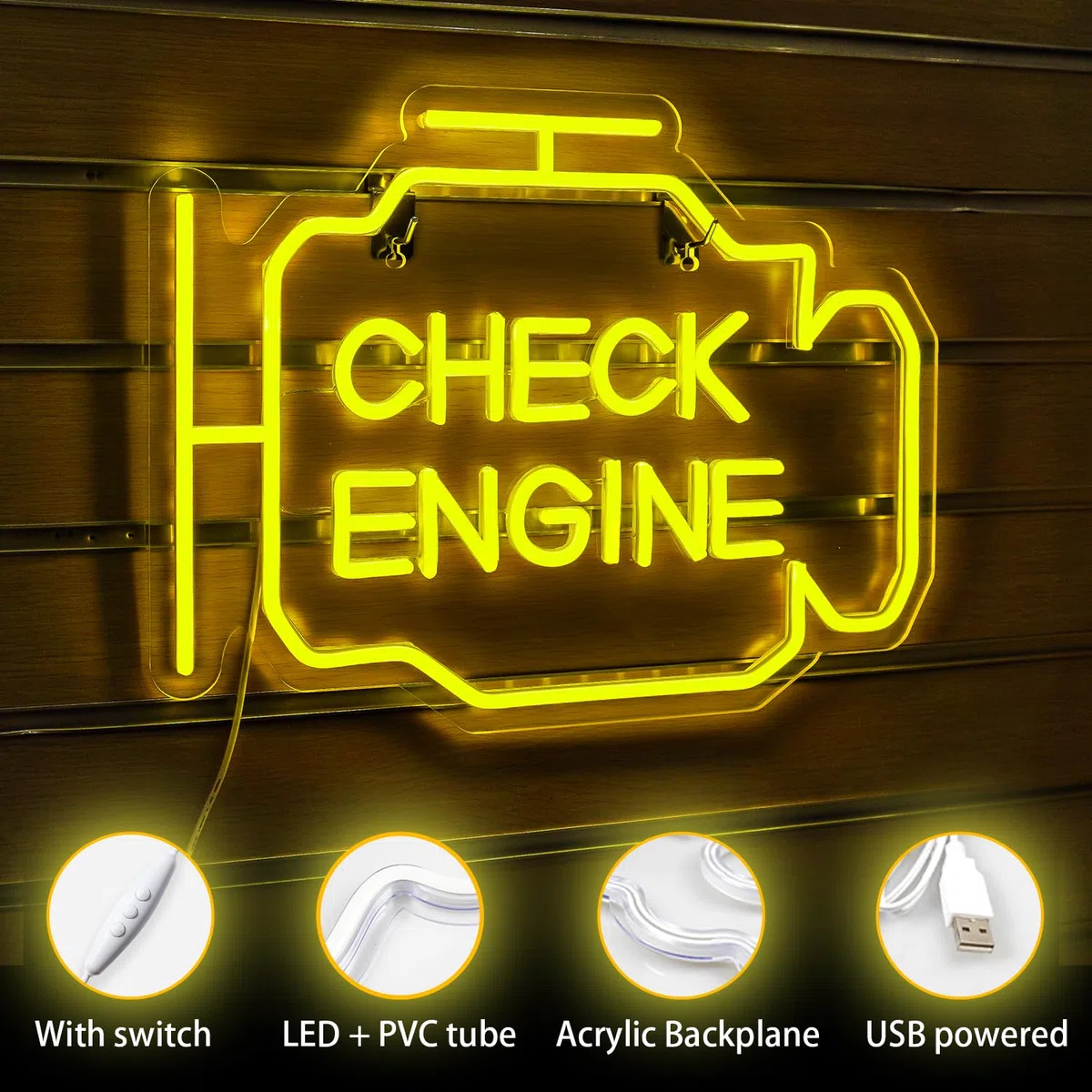 Horseneon Check Engine Neon Schild für Garage LED Schilder Leuchtschilder für Autowerkstatt USB-Dimmer Neon Sign gelbe Neon Light für Wanddekoration Auto Zimmer Männerhöhle Garage Werkstatt