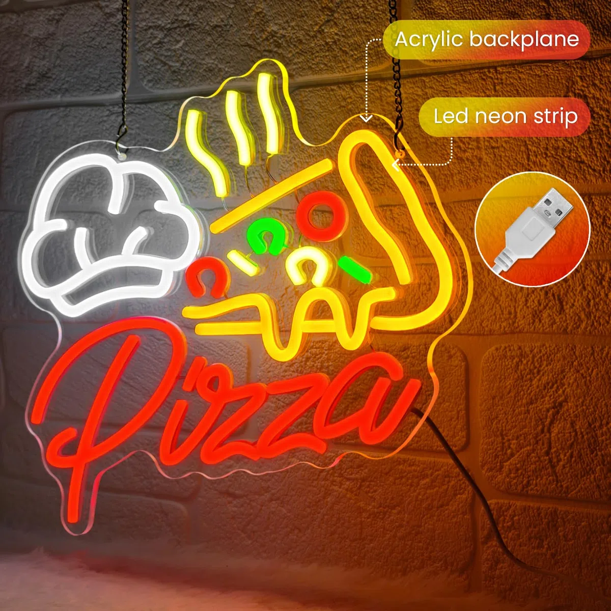 Pizza Neon Schild bunte Pizzastück Neonschild für Wanddekor, Led Schild für Unternehmen, USB Food Neon Sign, dimmbare Leuchtreklame für Zuhause Bar Küche Restaurant Pizzeria