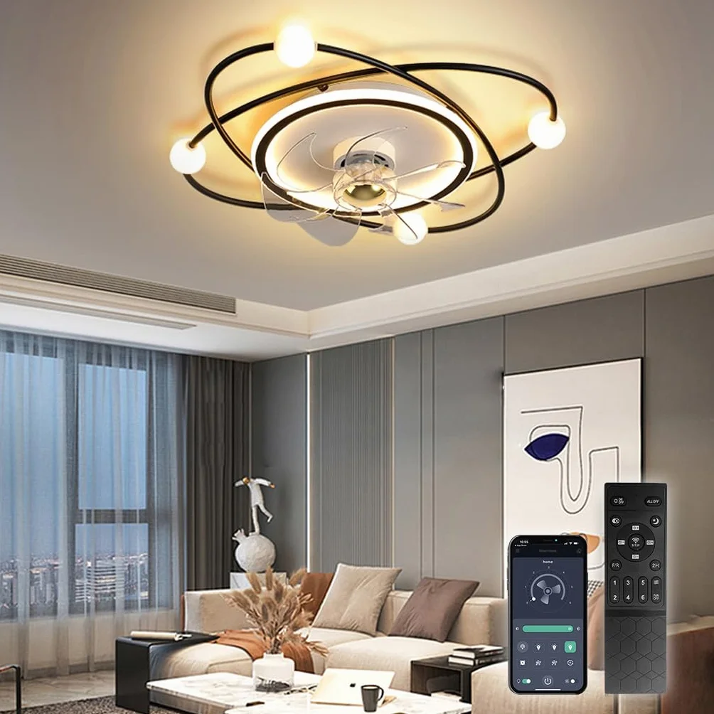 Moderner Deckenventilator mit Beleuchtung 55cm Dimmbare LED-Deckenlampe 48W Timer für Wohnzimmer Esszimmer Schwarz