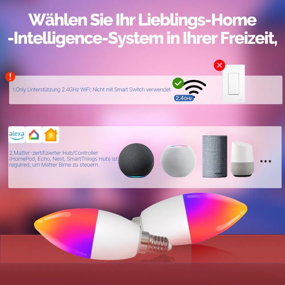 MOES Smart Glühbirne Matter E14, WLAN Alexa LED Lampe RGBCW, WW, mit Dimmbar, Musiksynchronisation, 16 Millionen Farben, kompatibel mit Apple HomeKit, SmartThings, Alexa, Google Home,4 Stück