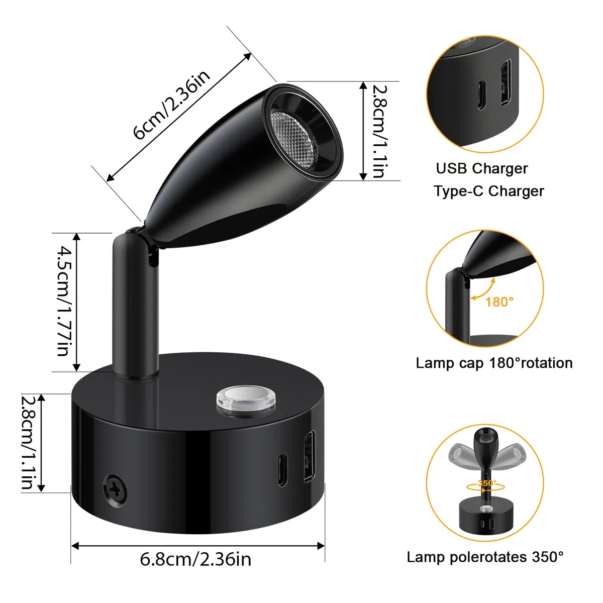 ERWEY 2er 12V LED Leselampe Wohnmobil, Stufenlose Helligkeit & 3 Farbtemperatur Modi Bettlampe, Wandlampe mit Ladefunktion USB A+C-Anschlüssen, für Auto Van Wohnwagen Innenbeleuchtung, Schwarz