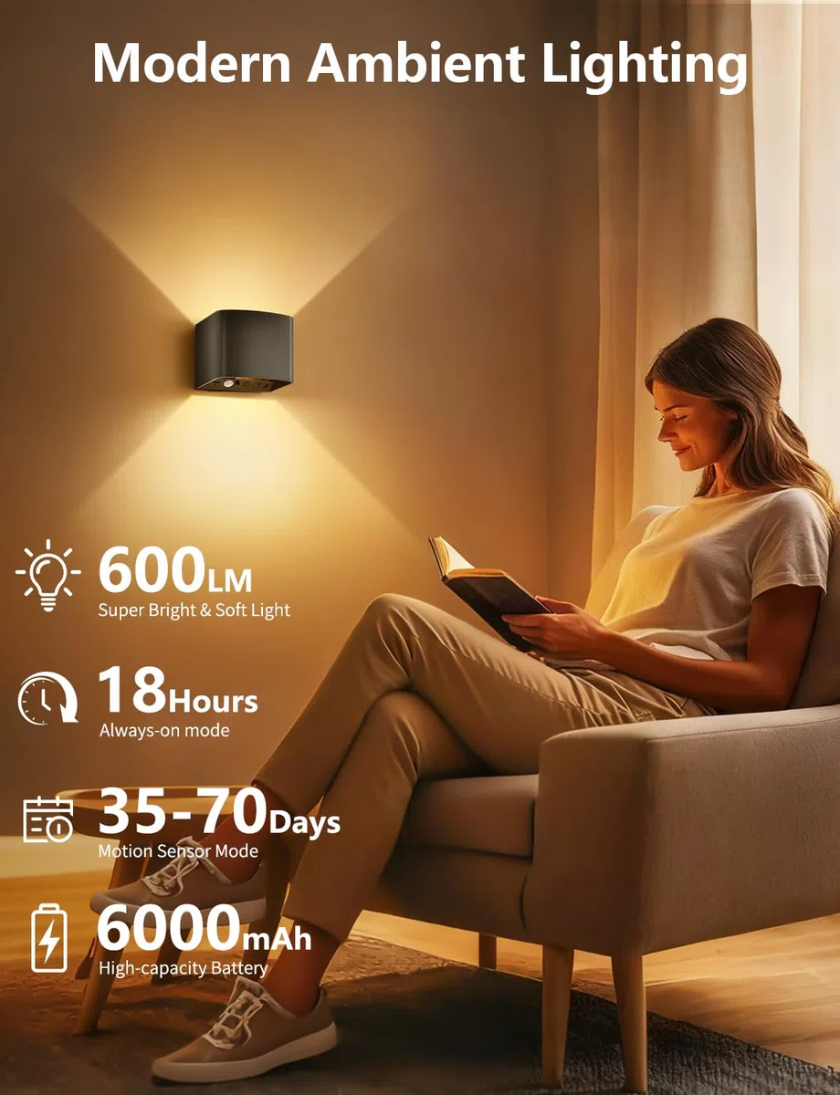 GeyouLux 6000mAh Akku Wandleuchte Innen mit Bewegungsmelder, Wandlampe mit Fernbedienung Einstellbar Abstrahlwinkel, 3 Modi 2700K-6500K Dimmbar Timer LED Aufladbare Wandleuchte für Treppe Flur 2 Stück