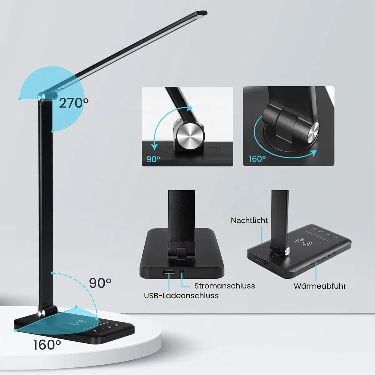 BIENSER Schreibtischlampe LED mit 10W Wireless Charging, USB Ladefunktion, 600LM Bürolampe Tischlampe mit 10 Helligkeits X 5 Farbstufen Dimmbar, Nachtlicht, Memory-Funktion, Auto Timer, 6000K, 24W