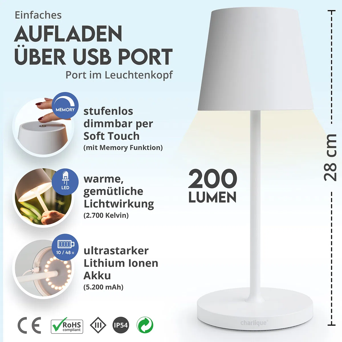 LED Akku Tischleuchte 2er Set weiß 28 cm dimmbar Alu kabellos