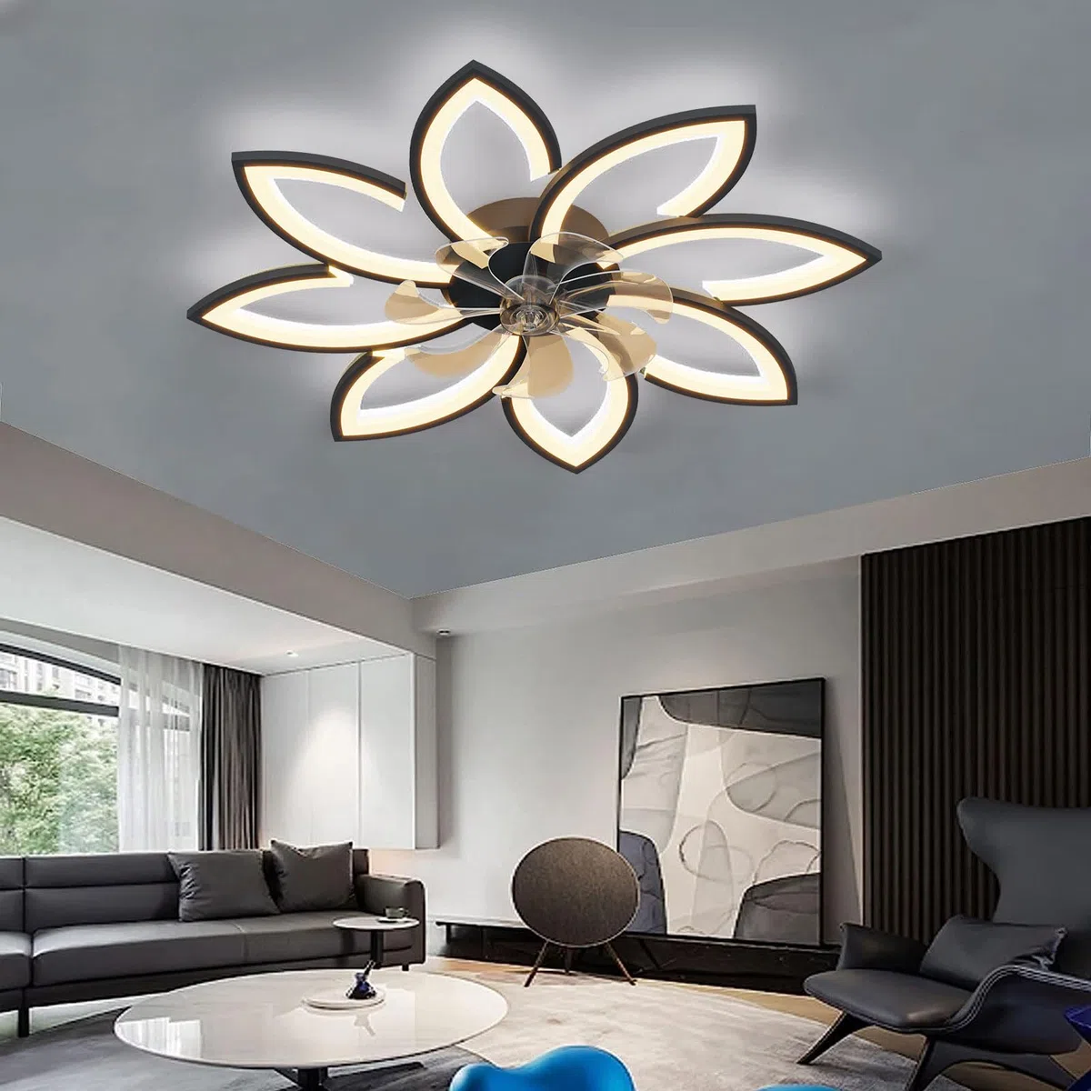 LED Deckenventilator Mit Beleuchtung 72W Dimmbar 3000K-6000K Stumm Reversibel Schwarz 8 Köpfe 90x15cm