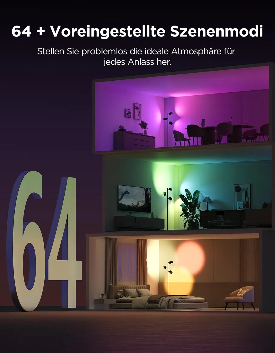 Govee 3-Flammen LED Stehlampe, RGBWW Fokus-Verstellbar, 1500lm, Matter Alexa Kompatibel, 64+ Szenen, Musik Sync, 157cm, Schwarz
