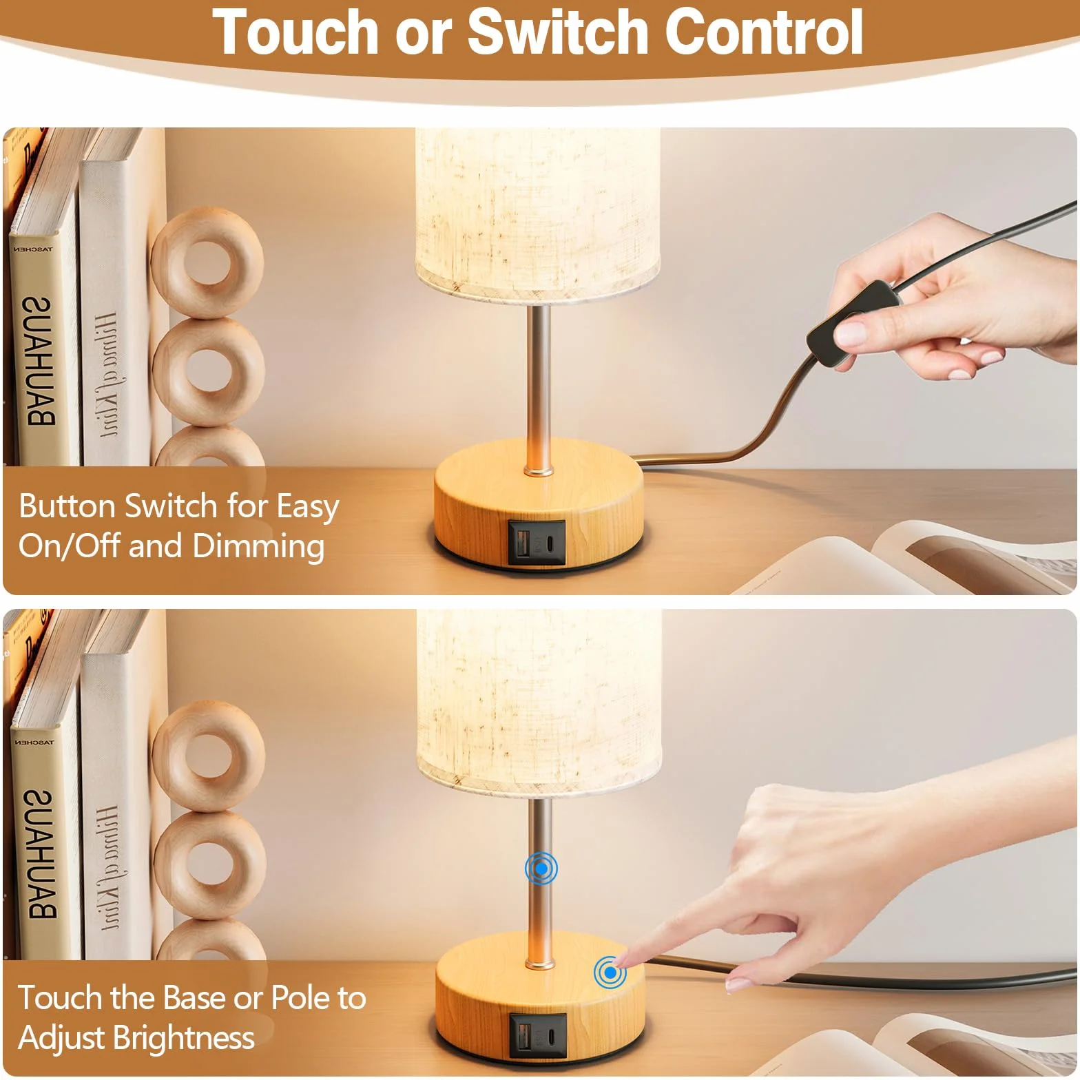Nachttischlampe 2er Set, Tischlampe mit USB-A und USB-C Ladefunktion, Schreibtischlampe, Leselampe, Dekolampe, Touchdimmbar, 3 Stufen Warmlicht, Leinen-Lampenschirm, 1,5m Kabel(E27-Lampe inkl)