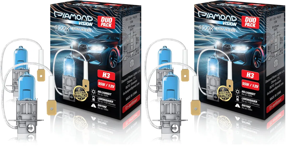 Diamond Vision 2x H3 12V 55W | Xenon Look | Halogen KFZ Autolampen | Kaltweiß | zweimal so langlebig | E-Prüfzeichen | PK22S (Packung mit 2)