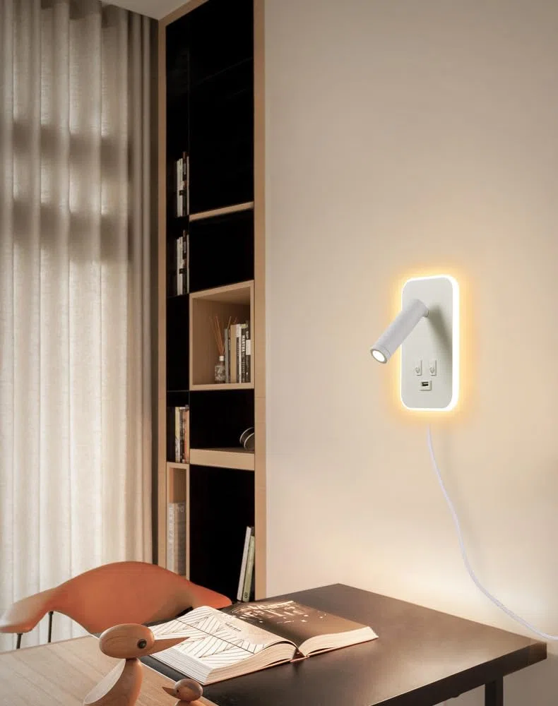 LED leselampe wandlampe USB-Aufladung mit schalter verstellbarer wandleselampe Bettlampe Wandleuchte innen Leselicht Schwenkbar Schlafzimmer 3W 3100K +9W 6000Kmit Stecker und Kabel, Weiß