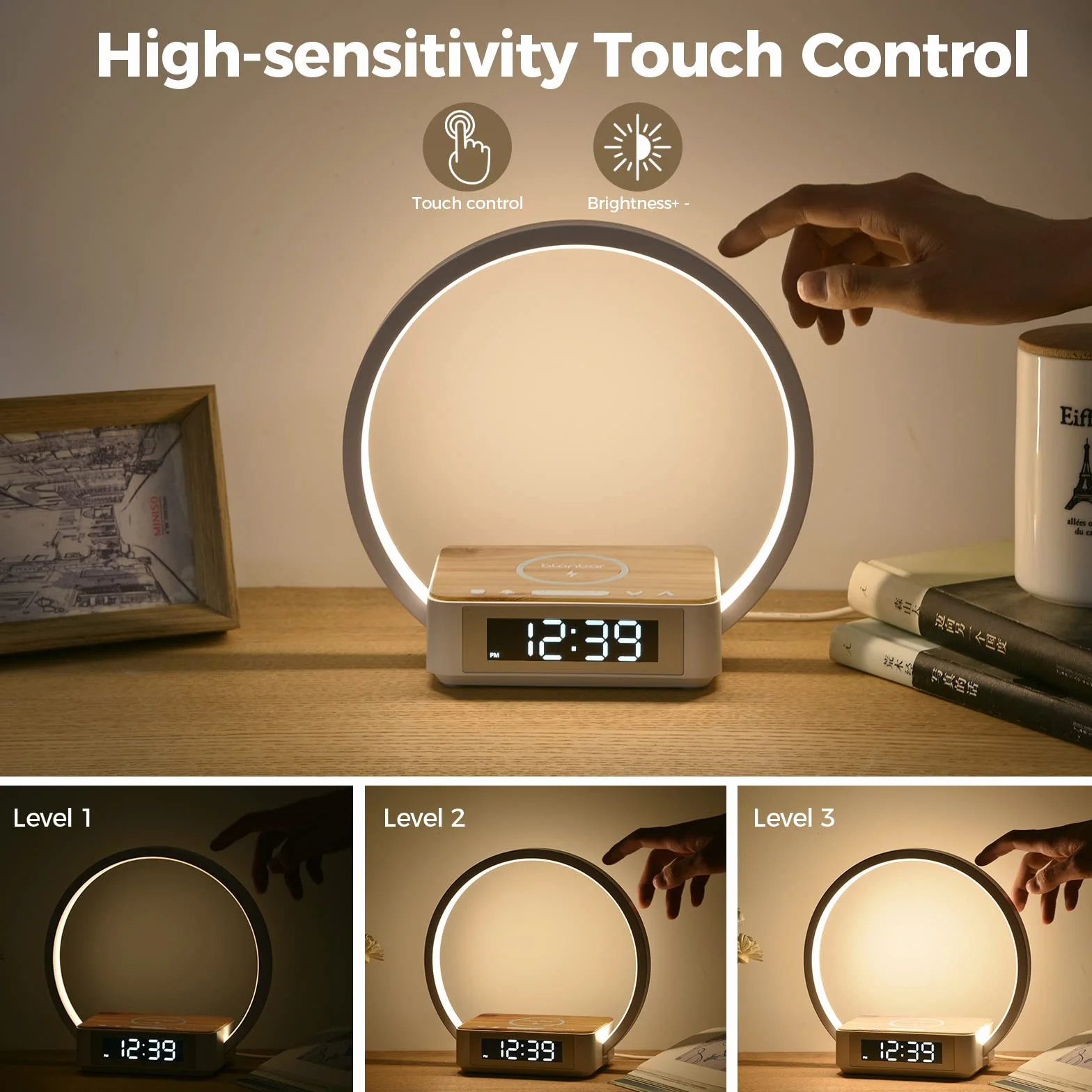 blonbar LED Nachttischlampe mit Ladefunktion, 10W Wireless Charger & 3 Stufige Helligkeit Tischleuchte, Wake Up Licht Wecker Touch Control Dimmbar für Schlafzimmer Wohnzimmer