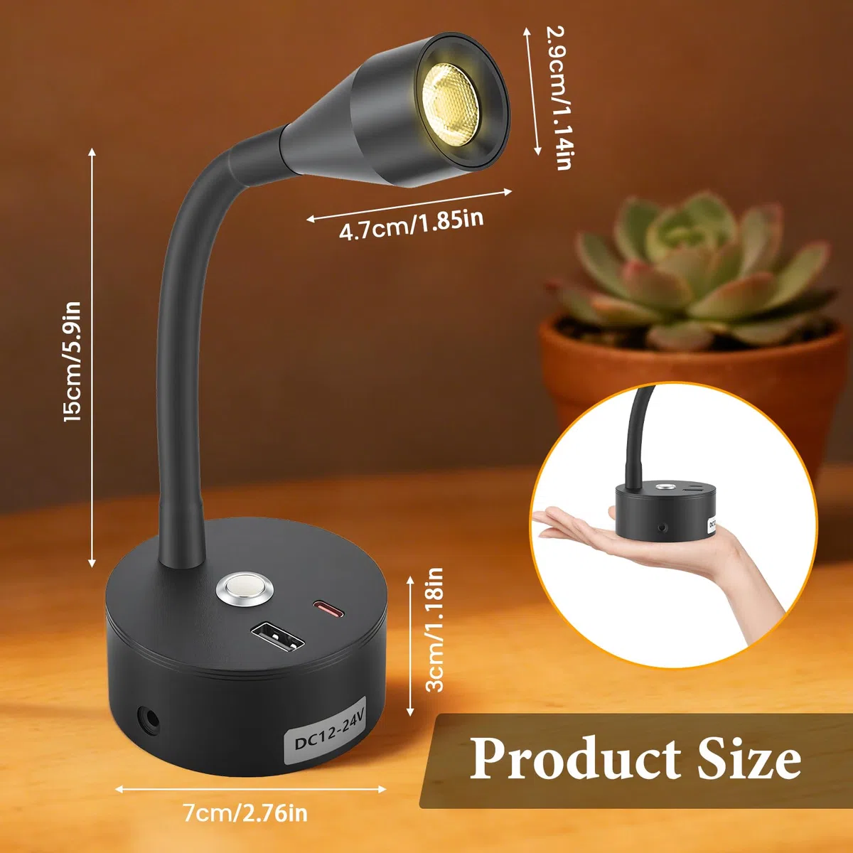 2 Stücke Wohnmobil Leselampe mit USB A+C-Ladegerät, 12V LED Wandlampe Spot Dimmbar DREI Farbtemperaturen, Schwanenhals Flexible Wandleuchte für Camper Van Caravan Boat Yacht (Schwarz)