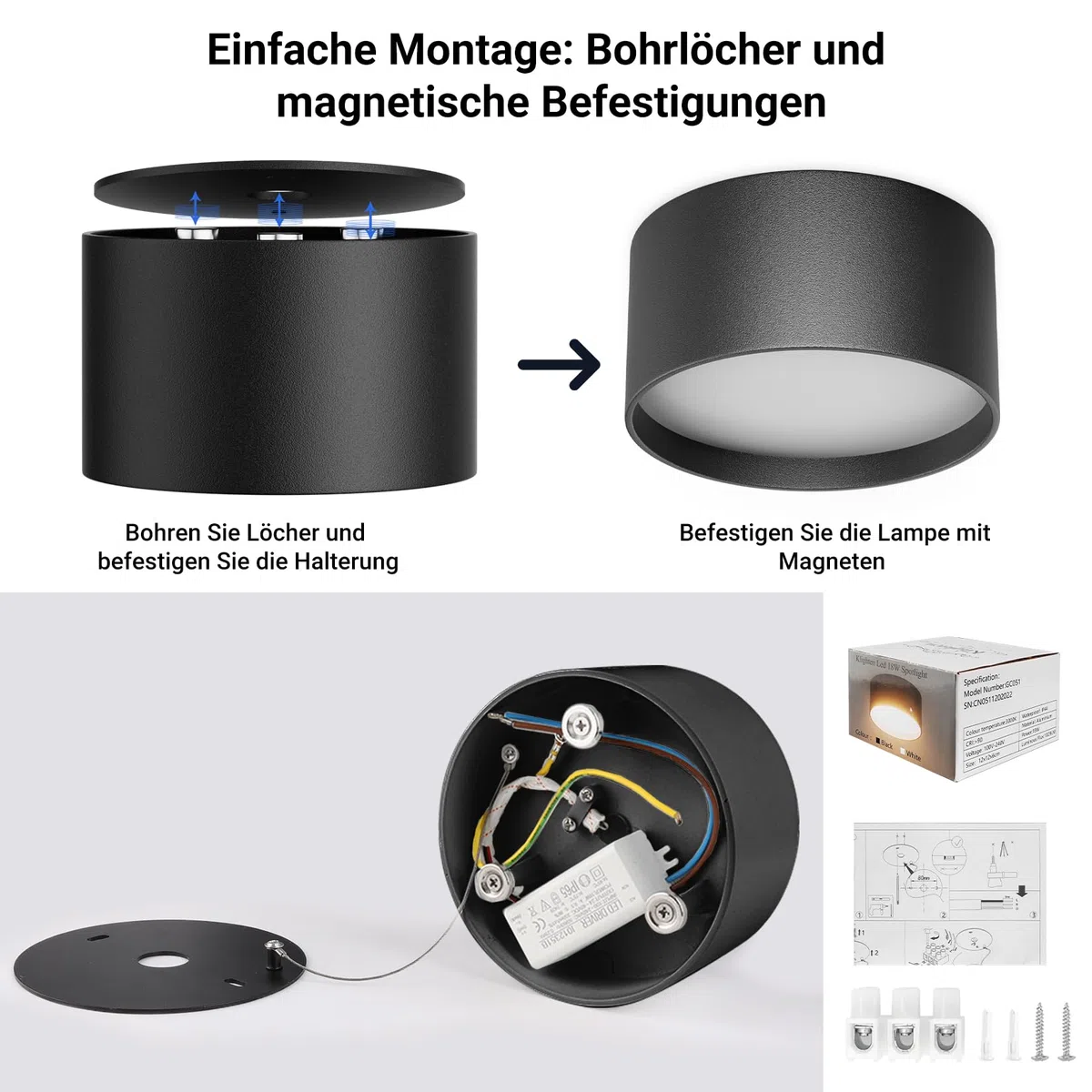 Klighten LED 18W Aufbauspot Runde Deckenspots Aufputz Deckenleuchte, Schwarz Aufbaustrahler, Deckenstrahler Flach Aluminium+Acryl, Aufbauleuchte Warmweiß 3000K, Aufputzleuchte IP44, 1029LM, 60x120mm