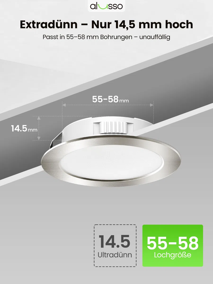 ALUSSO 6er Set 12V LED Einbaustrahler Decke 4W Möbel Einbaustrahler 3000K Warmweiß 4000K Neutralweiß 6000K Kaltweiß, Einbaustrahler LED Flach Bohrloch 55-58mm und 14.5mm Flache, IP44 Wasserdicht