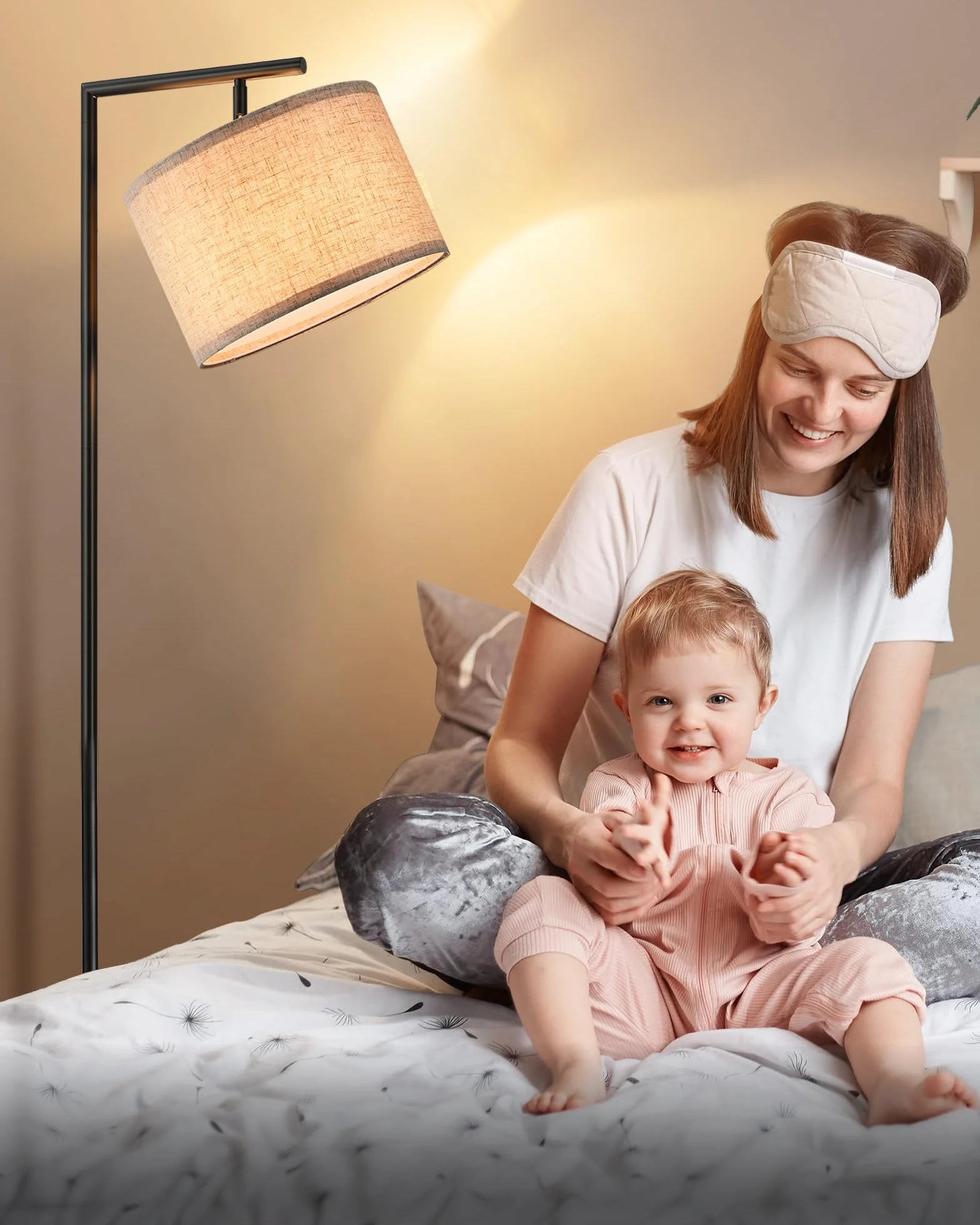 EDISHINE Stehlampe Wohnzimmer 160cm, Bogenlampe Modern mit Beigen Verstellem Leinen-Lampenschirm, LED E27 Glühbirne inklusive, Schwarz Leselampe Stehleuchte für Schlafzimmer, Kinderzimmer