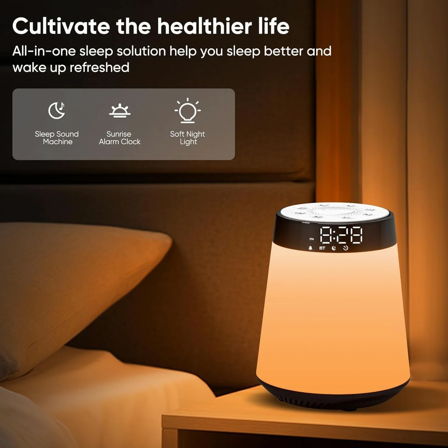 Bluetooth Lautsprecher mit Licht Wecker Soundmaschine mit 30 beruhigenden Sounds & Schlaftimer, Touch Dimmbar Lampe und Nachtlicht Frauen Männer Mädchen Junge Kinder Teens
