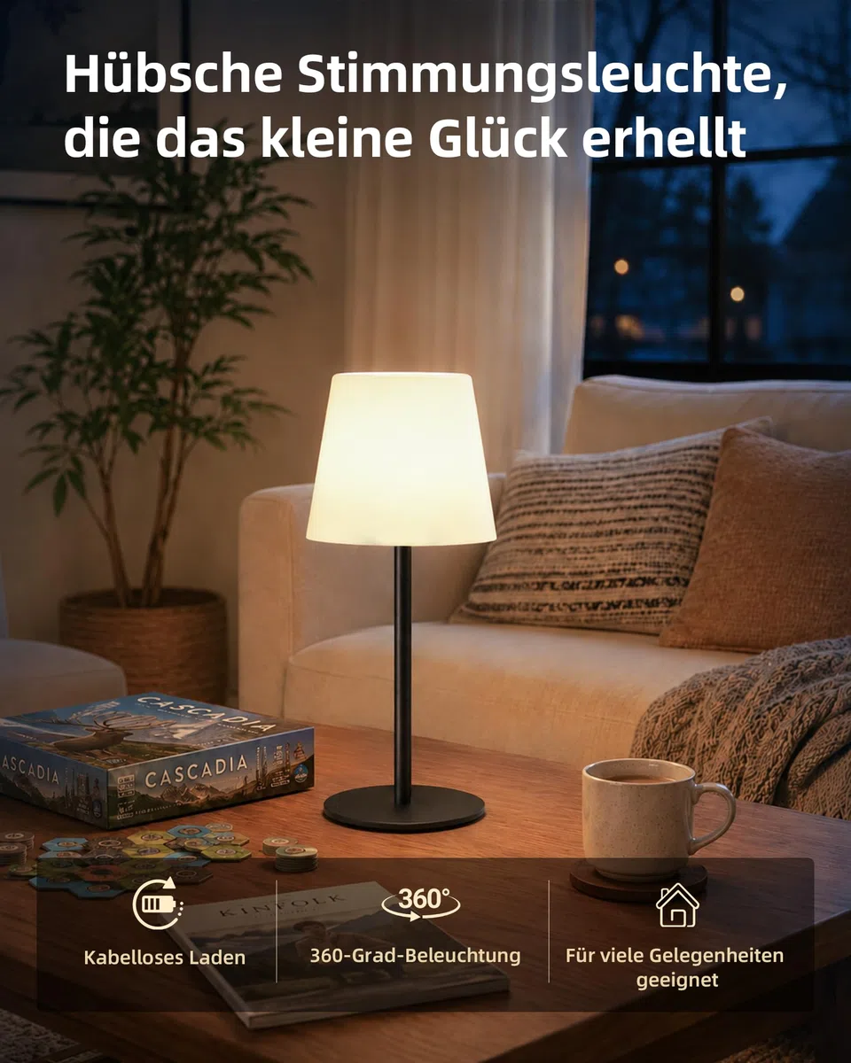 EZVALO 2er-Set Kabellose Tischlampe LED, IP65, 4500mAh USB-C, Touch-Dimmbar mit 3 Farbtemperaturen, Perfekte Nachttischlampe, Campinglampe & Tischleuchte für Outdoor und Innen (Schwarz, 2 Stück)
