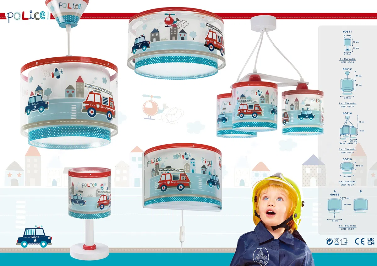 Dalber kinder Wandlampe kinderzimmer, Kinderlampe Wandleuchte Polizei Autos Police Blau, 60618, E27, Bunt