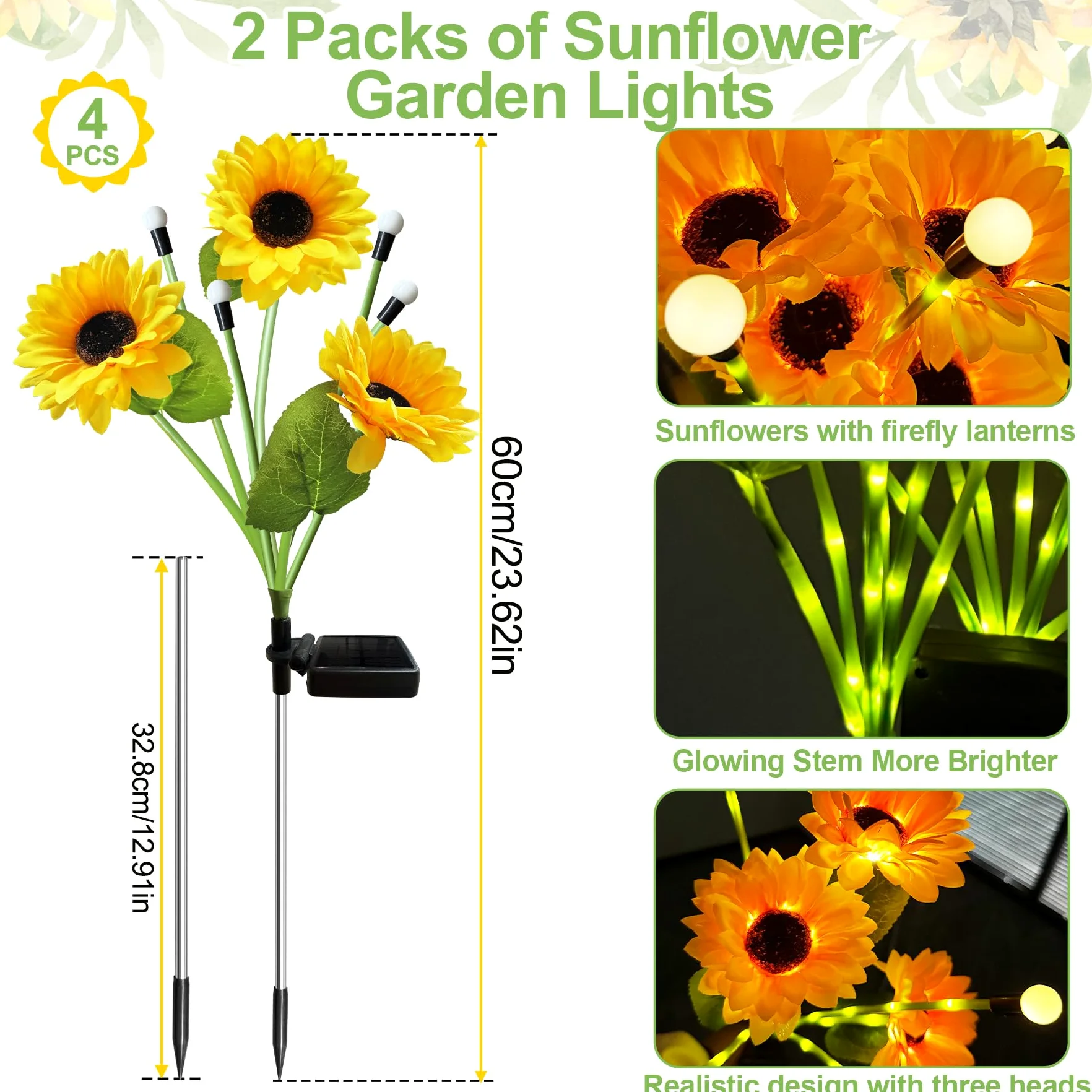 VEEKAY 4 Stück Solar Sonnenblume Lichter,Solarlampen für Außen Garten Warmweißes Licht,IP65 Wasserdicht Swinging Solarleuchten für Garten Dekoration Hof, Terrasse,Gehweg-Dekoration