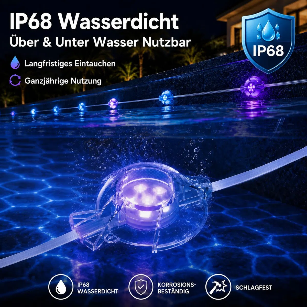 8-in-1 Poolbeleuchtungssystem 15m, 24V IP68 wasserdicht Poollicht ohne Umbau, RGB+IC Dynamische Pool LED, Vollflächige Pool Beleuchtung mit App & Fernbedienung für Einbau- und Aufstellpools