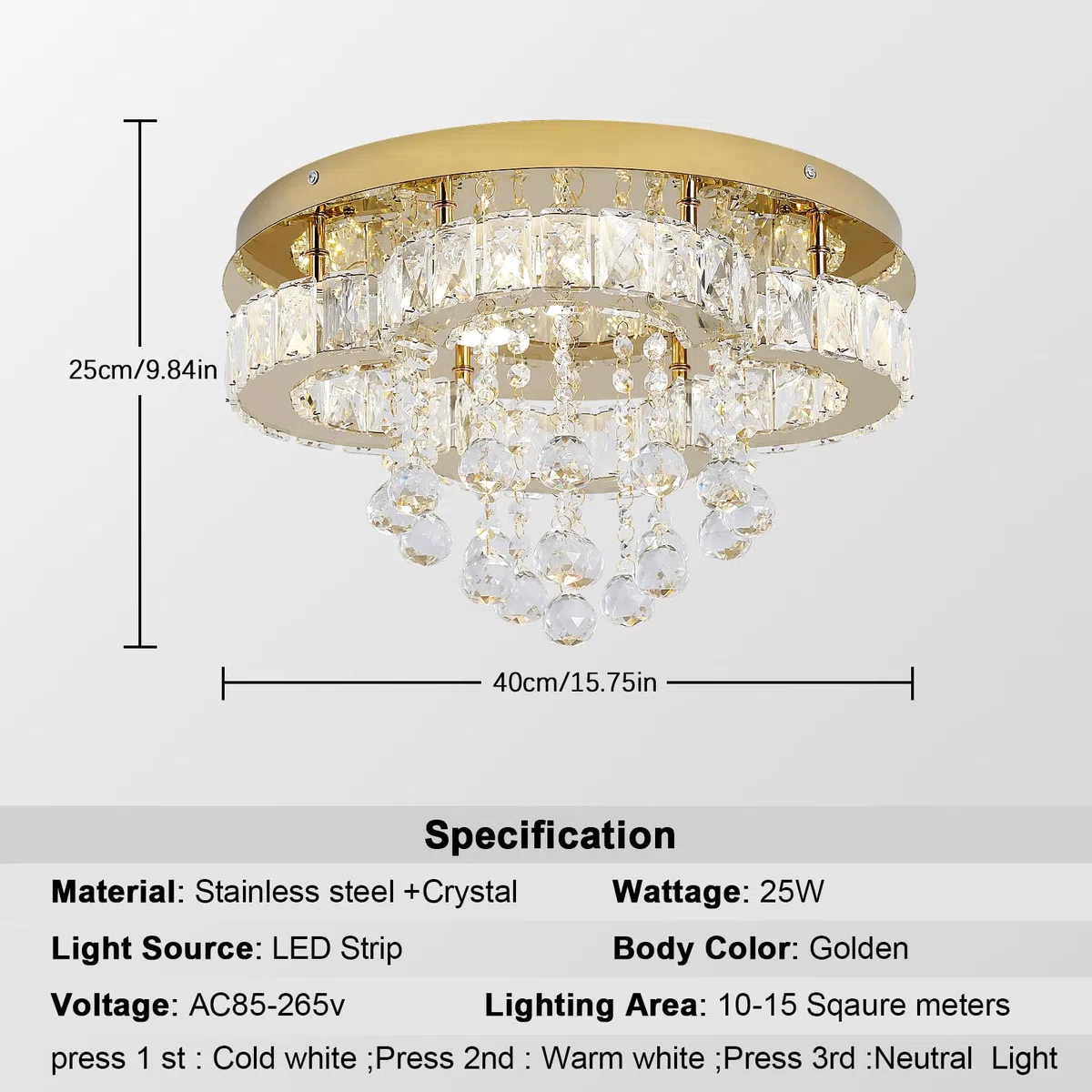 GreeLustr Moderne Kristall Kronleuchter für Wohnzimmer, Variables Licht Deckenleuchte Kristalle mit Elegantem Design für Schlafzimmer Flur Küche, Golden Deckenlampe Kristall für Decke (40cm)