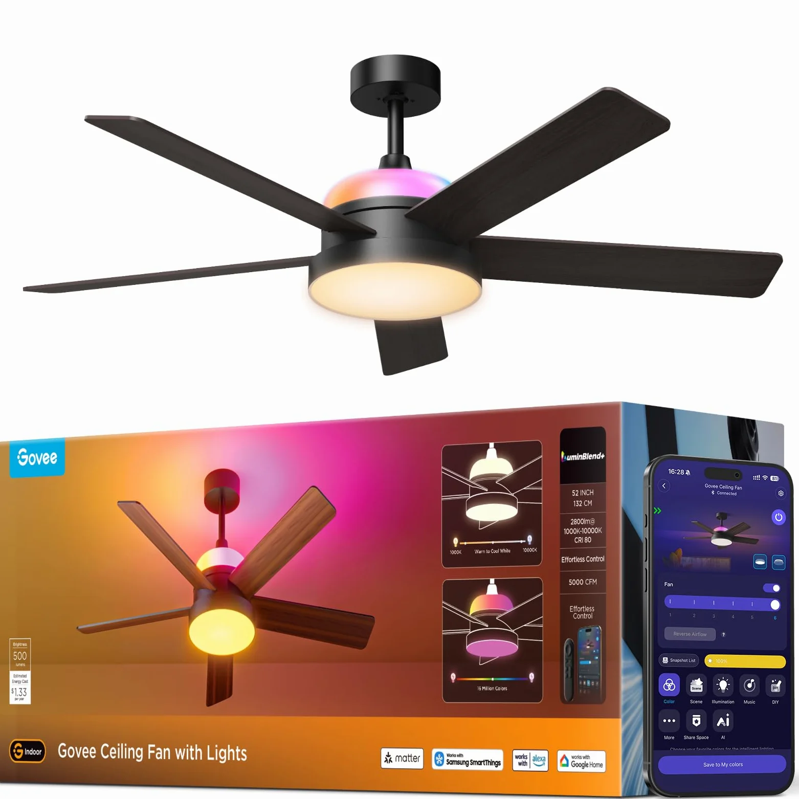 Govee Deckenventilator mit Beleuchtung RGBIC, Ø132cm, 2800 lm, Reversibler DC Motor, Smart Leise