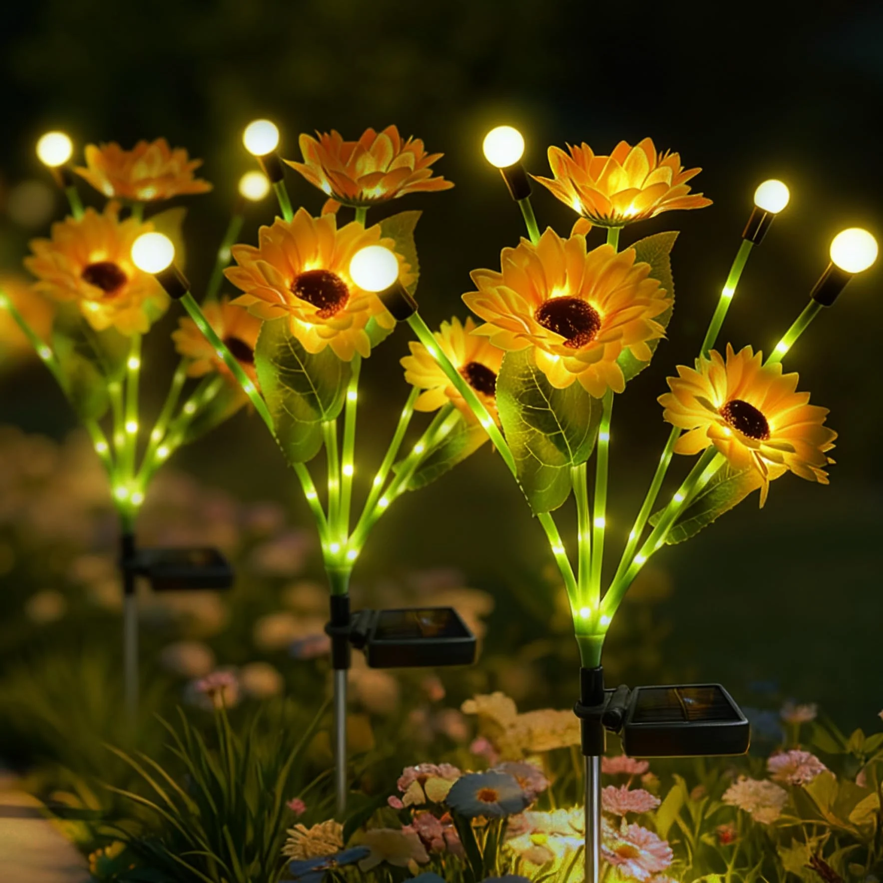 VEEKAY 4 Stück Solar Sonnenblume Lichter,Solarlampen für Außen Garten Warmweißes Licht,IP65 Wasserdicht Swinging Solarleuchten für Garten Dekoration Hof, Terrasse,Gehweg-Dekoration