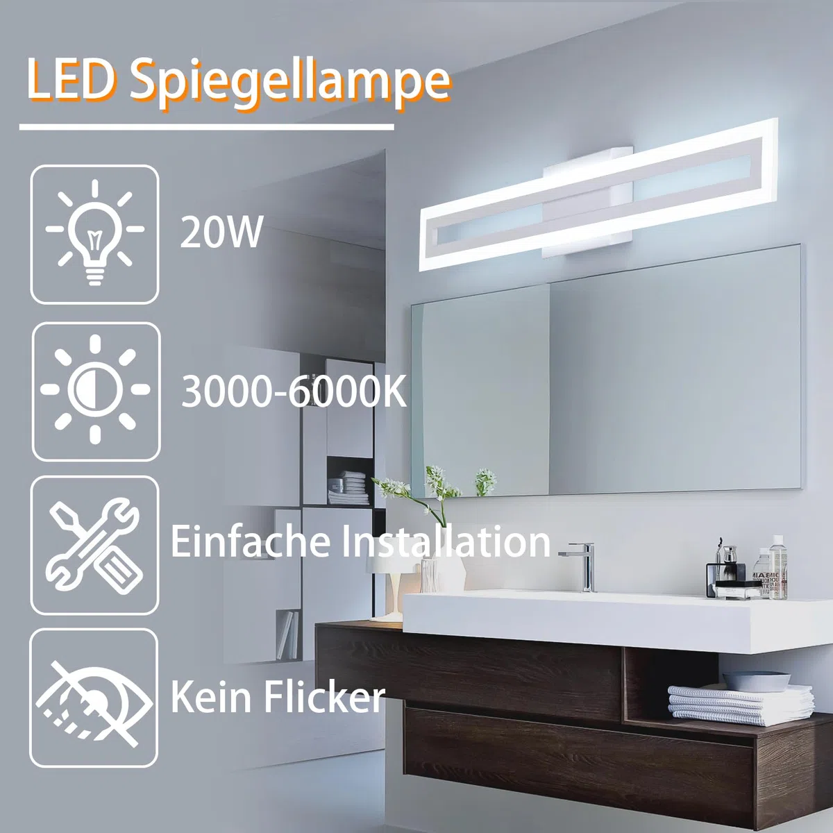 LED Spiegellampe Bad Wandbeleuchtung, 60 cm 20W moderne Wandleuchte, 3 Farbtemperaturen, lineare Wandleuchte für Badezimmer, Schlafzimmer, Flur, Weiß