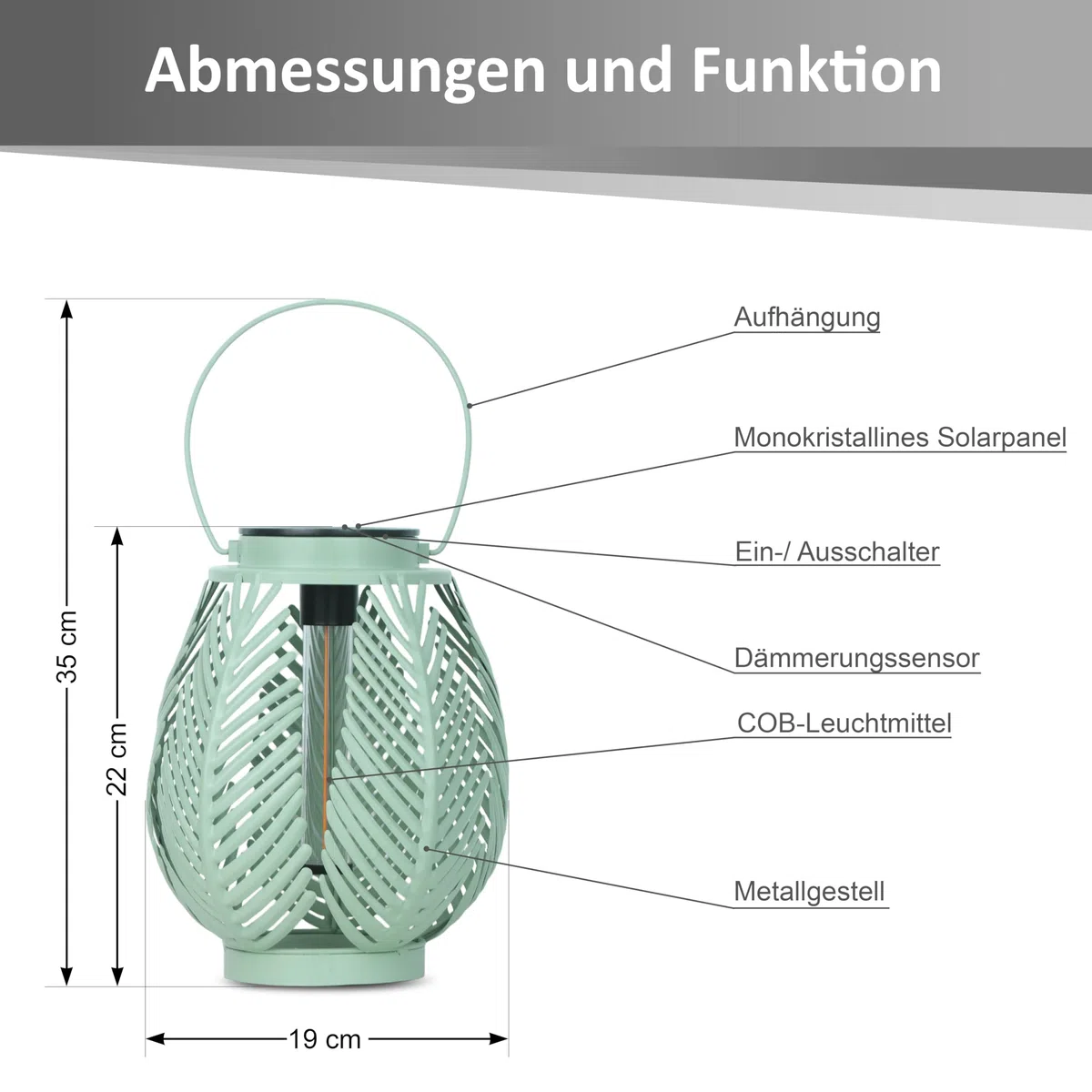 LED Solar Laterne Outdoor – Gartenleuchte mit COB LED Dämmerungssensor Metallgehäuse warmweiß Boho Gartenlampe (Farn-Blätter)