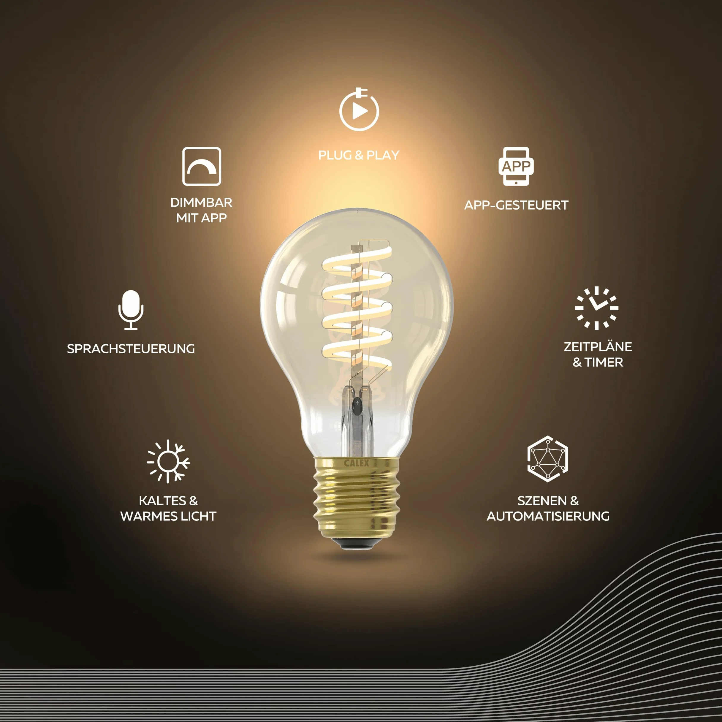 CALEX Smart LED Lampe, E27, A60, Gold Filament, warmweißes Licht, dimmbar, WLAN App- & Sprachsteuerung, 3er Pack