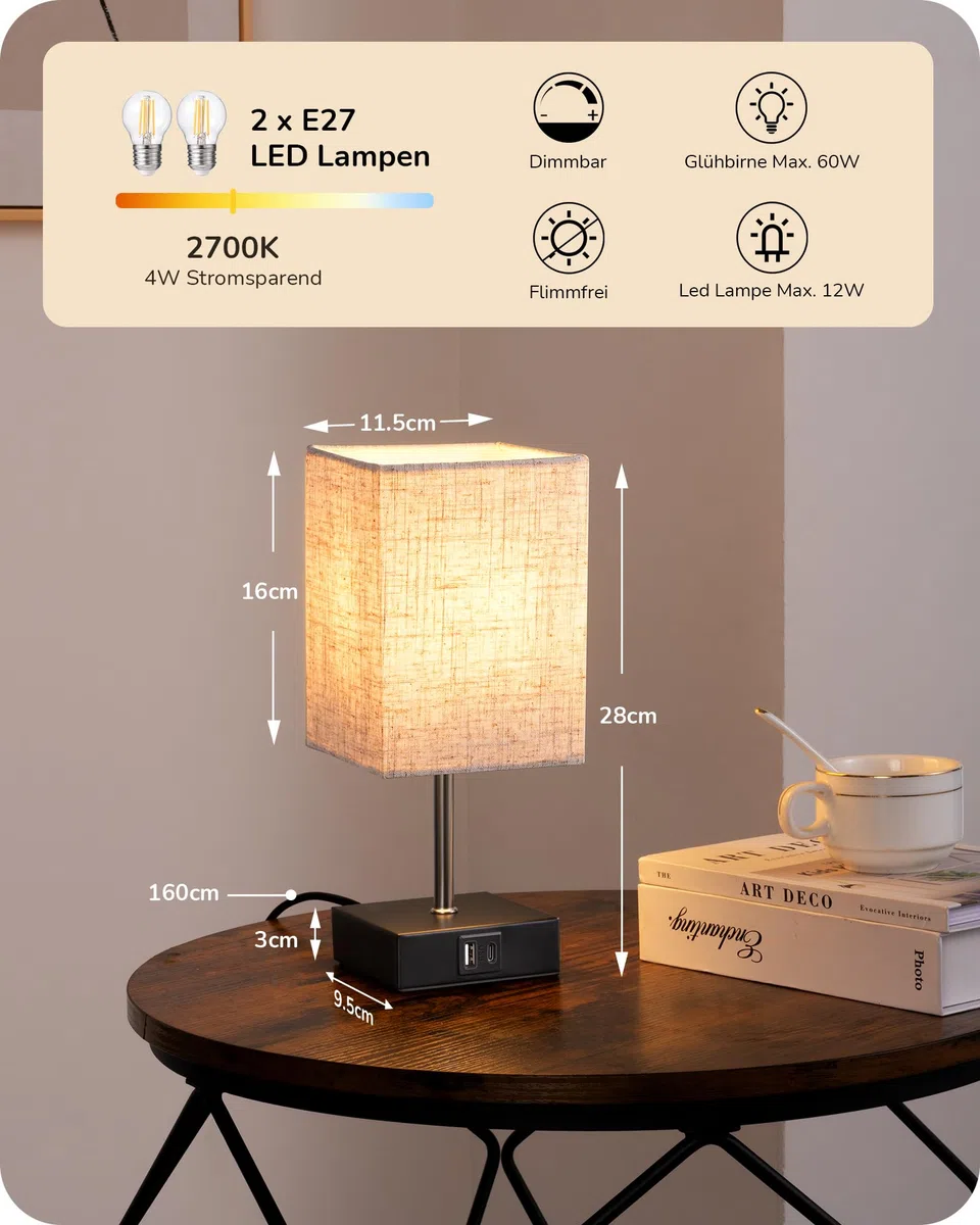 EDISHINE LED Nachttischlampe Touch Dimmbar 2er Set, Tischlampe Modern, Kleine Lampe, mit Ladefunktion, 2 USB Anschlüsse, für Schlafzimmer, Wohnzimmer, Fensterbank, Geschenk, Beige