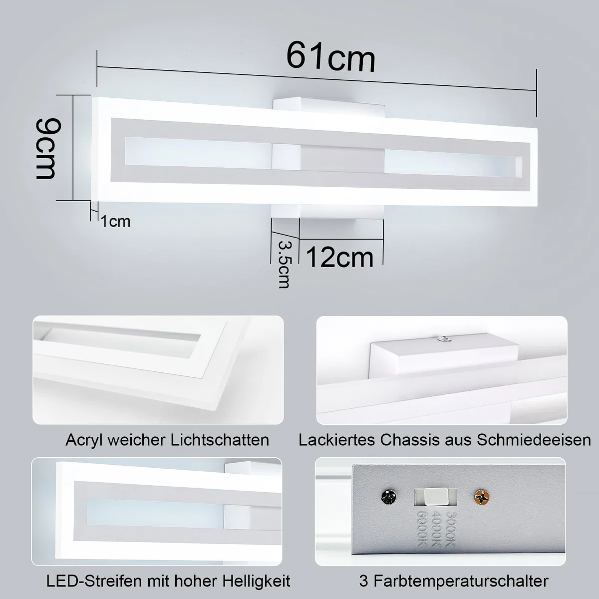 LED Spiegellampe Bad Wandbeleuchtung, 60 cm 20W moderne Wandleuchte, 3 Farbtemperaturen, lineare Wandleuchte für Badezimmer, Schlafzimmer, Flur, Weiß
