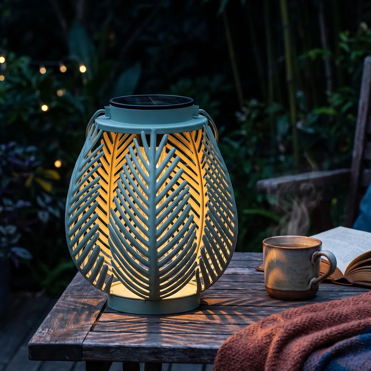 LED Solar Laterne Outdoor – Gartenleuchte mit COB LED Dämmerungssensor Metallgehäuse warmweiß Boho Gartenlampe (Farn-Blätter)