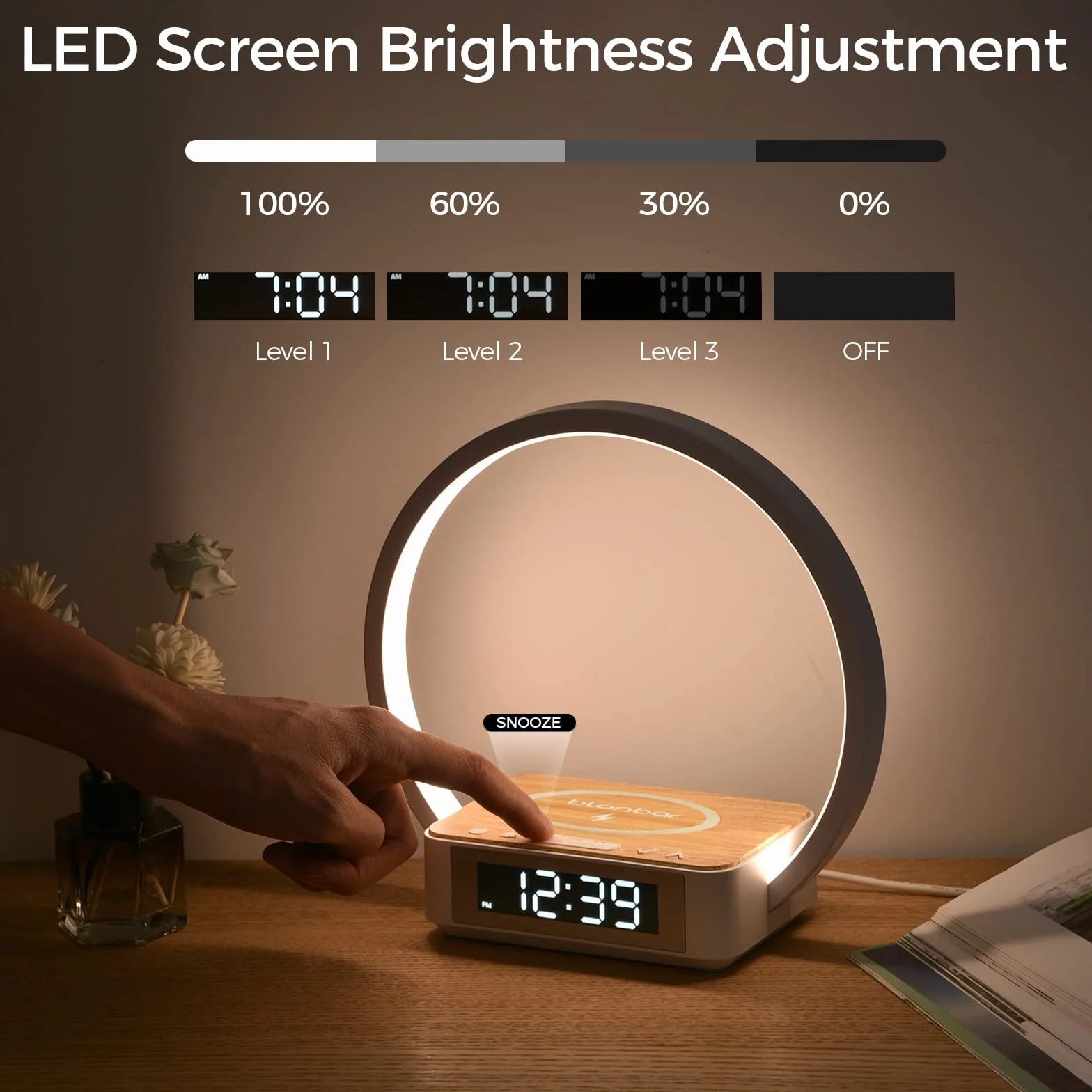 blonbar LED Nachttischlampe mit Ladefunktion, 10W Wireless Charger & 3 Stufige Helligkeit Tischleuchte, Wake Up Licht Wecker Touch Control Dimmbar für Schlafzimmer Wohnzimmer