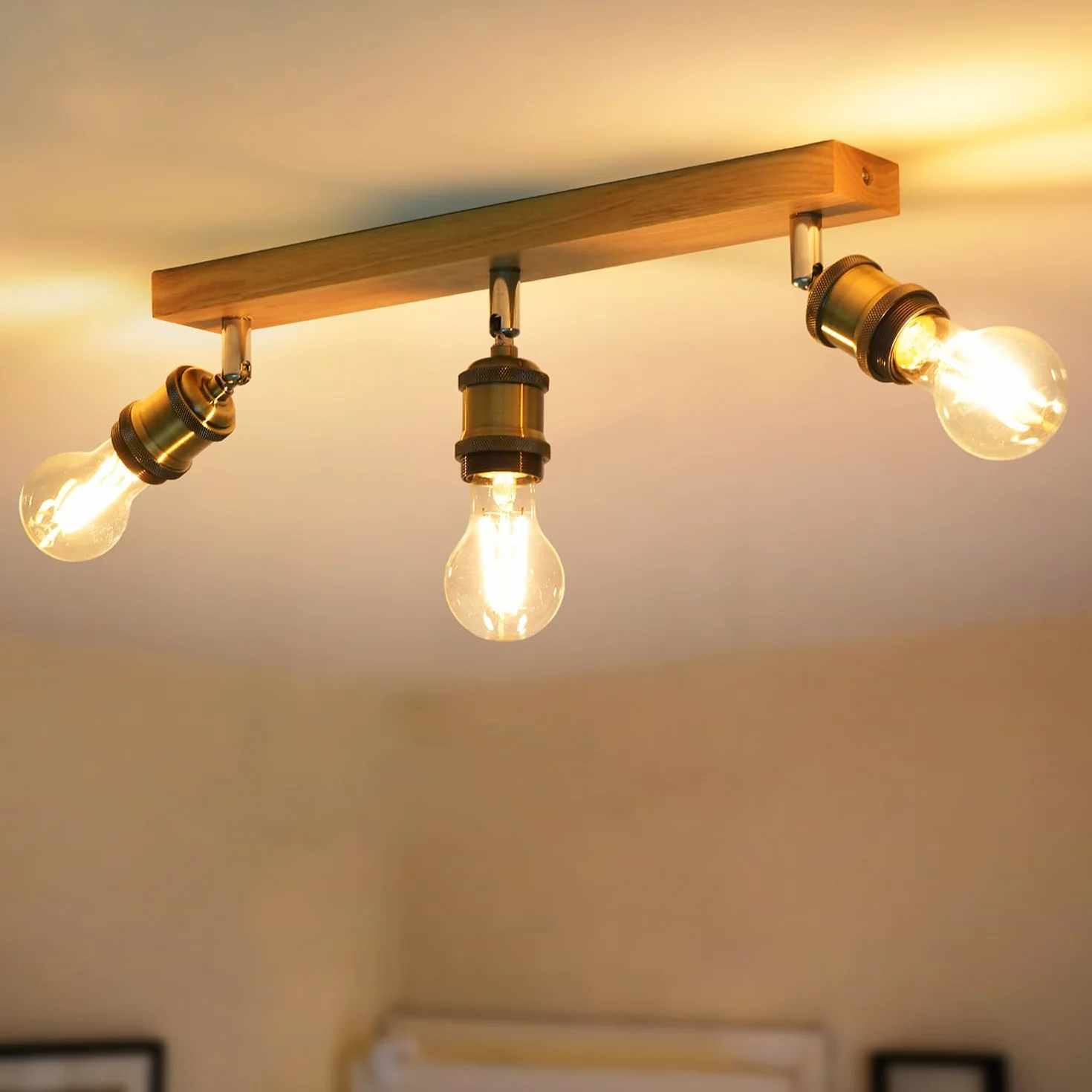 ANWIO Deckenstrahler 3 Flammig E27, Deckenleuchte 3 Spots Holz Deckenlampe E27, Vintage Industrial Deckenspots Spotbalken Deckenleuchte für Wohnzimmer Schlafzimmer Flur Küchen (ohne Leuchtmittel)