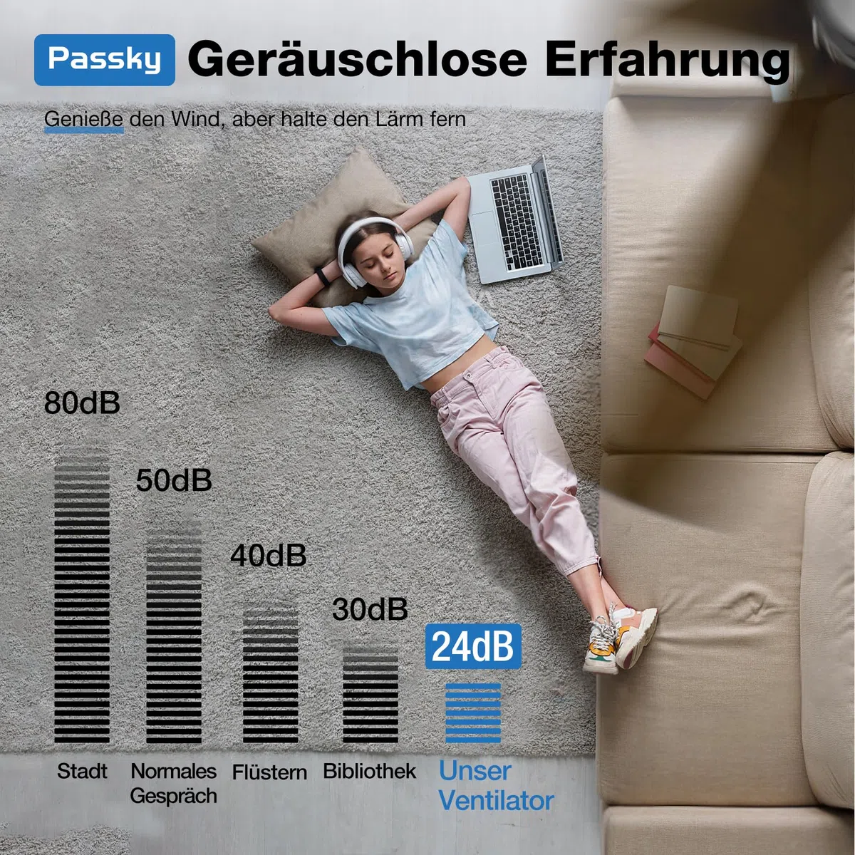 Passky 107cm Deckenventilator mit Beleuchtung & Fernbedienung, leiser DC-Motor, 6 Geschwindigkeiten, Dimmbare LED-Leuchte, 3 Farbtemperaturen Schwarz