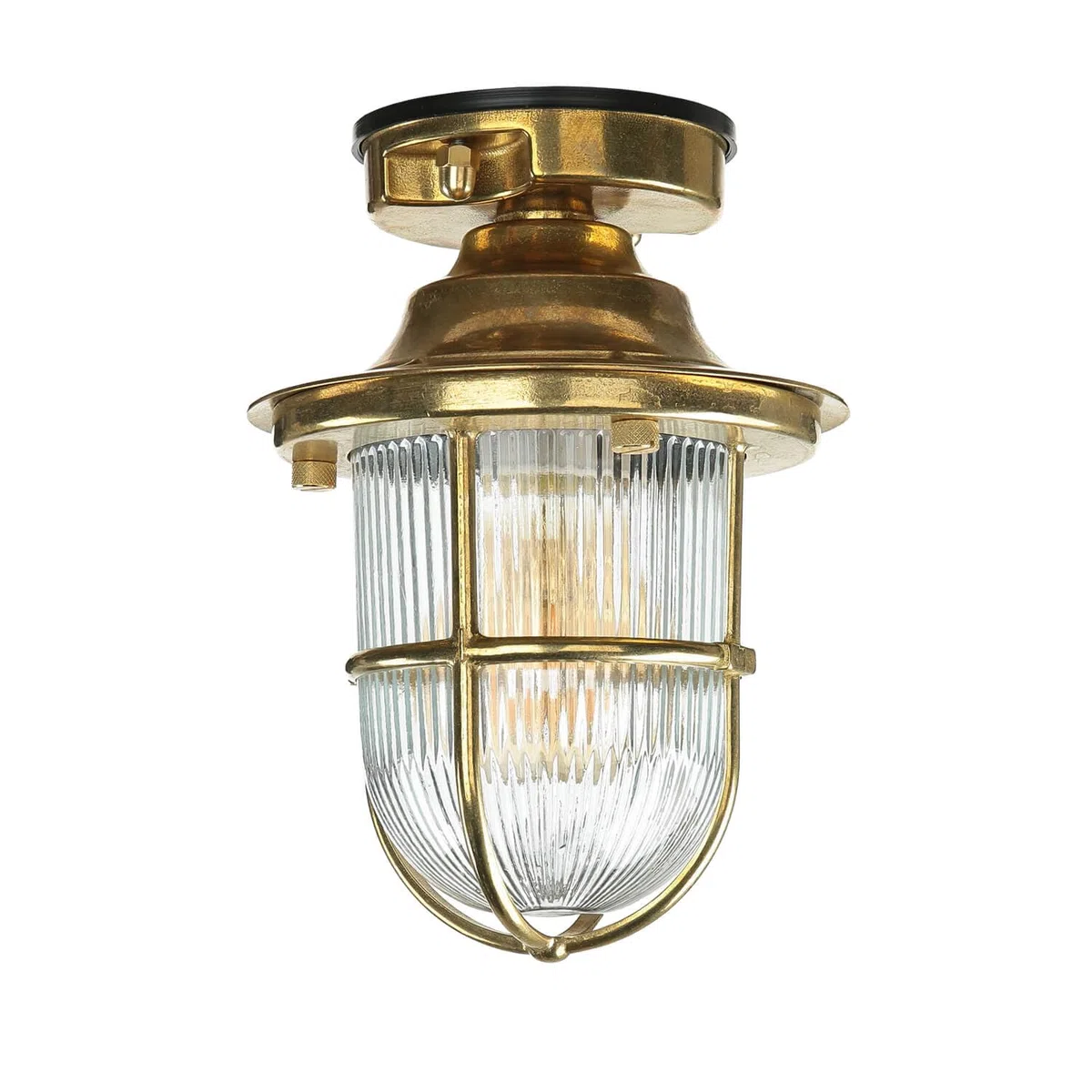 Licht-Erlebnisse Außen Deckenleuchte Maritim IP54 E27 H:23 cm Messing Glas geriffelt Antik