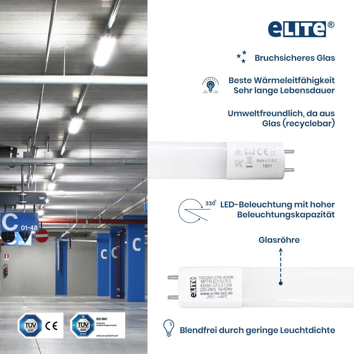 eLITe LED Röhre T8, 150cm, sehr hell, 3250lm, 24W, 865, 6500 Kelvin, Tageslichtweiß, 330 Grad, homogenes Licht, Glas, langlebig 50.000h, 5 Jahre Garantie, 27mm Durchmesser, inkl. Starter, 5 Stück