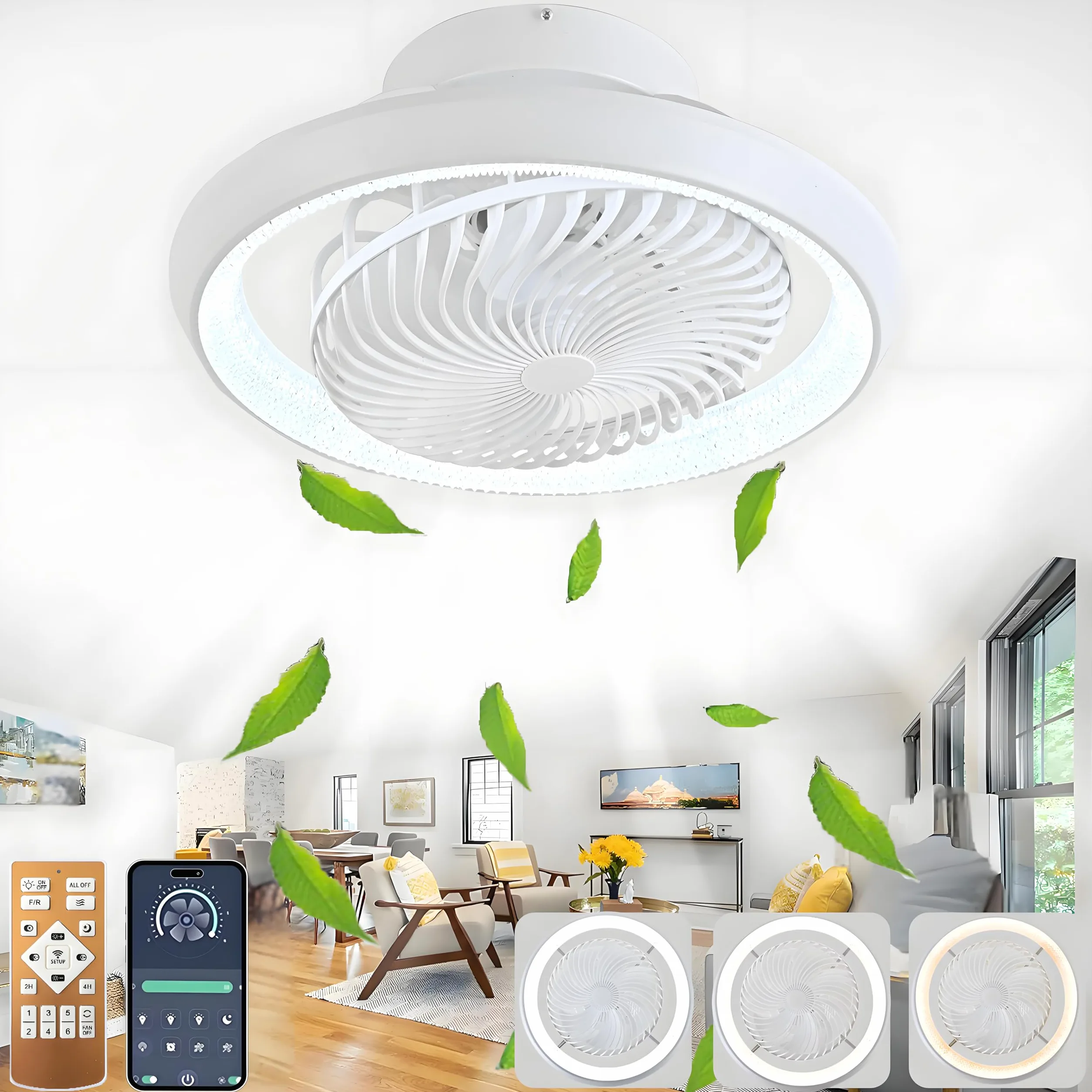 LED Deckenventilator mit Beleuchtung, 75W, Fernbedienung, APP, 6-Gang Timer, 360° Drehung, Reversibel, Weiß
