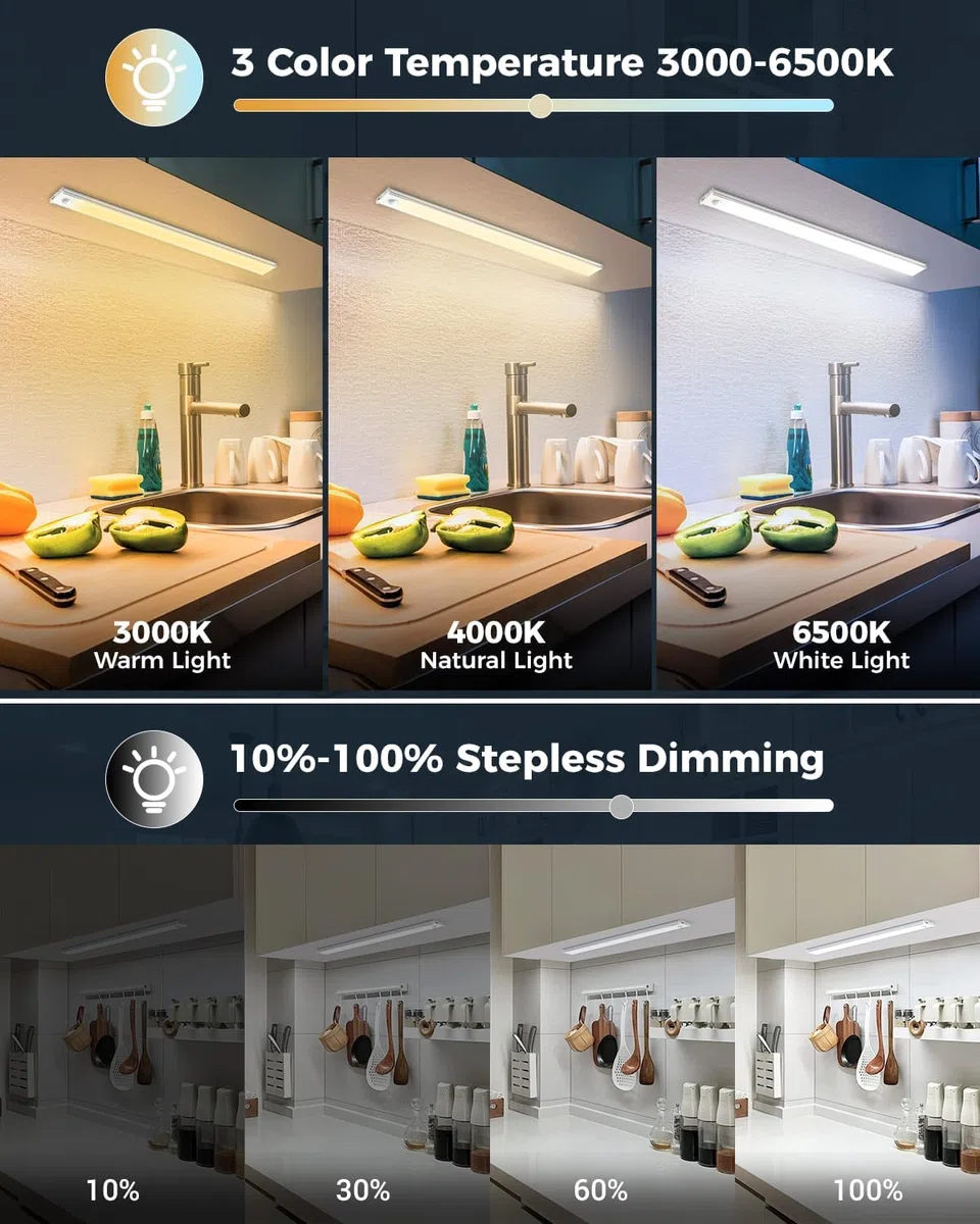 libtit 30CM Unterbauleuchte Küche Led, Dimmbar Schrankbeleuchtung mit Bewegungsmelder, 3000K-4000K-6500K Farbmodi, Hell USB Aufladbar Lichtleiste für Schrank Treppe Flur, 4Stück