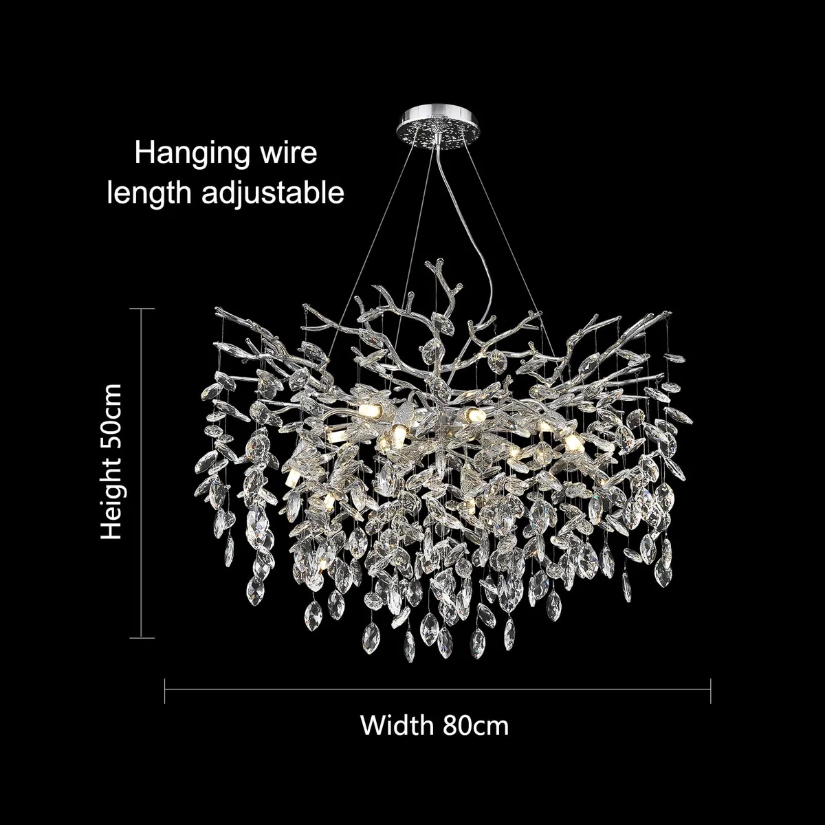 AHXIAOZN Luxury Tree Branch Kronleuchter, Modern Kronleuchter Kristall Leuchte, Große Luxus Kristall Pendelleuchte, Raindrop Leuchte, für Esszimmer, Wohnzimmer (Silber 80cm)