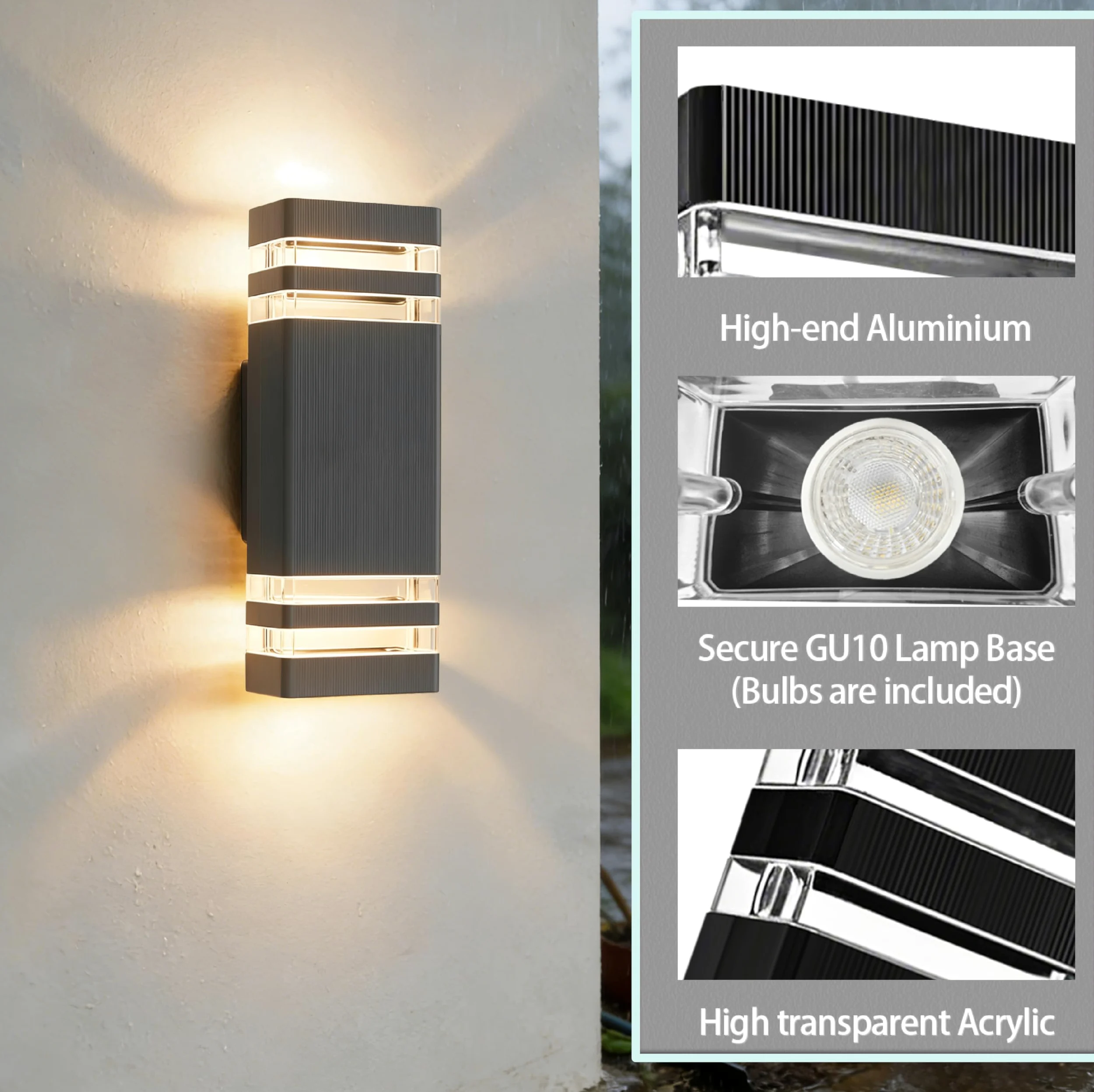 JNR Aussenlampe Wand IP54 Wasserdichte LED Wandleuchte Aussen, Außenlampe Wand 2 * 5w GU10 3000K Warmweiß Glühbirne, Außenleuchte Wand LED Aussenleuchte, Anthrazit Grau