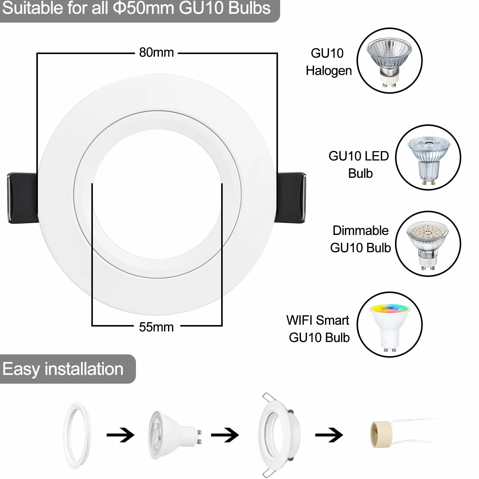 10er Einbaustrahler GU10 Set Aluminium weiß Matt 230V, inkl. GU10 Fassung, Einbaustrahler Rahmen Einbaurahmen Einbauspots für LED Halogen, Rund Decken Spot Einbauleuchten Lochdurchmesser 68mm