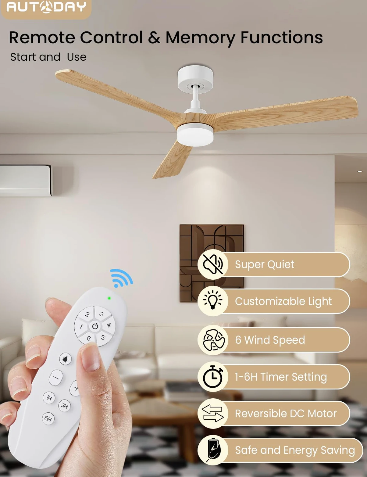 Holz Deckenventilator mit Beleuchtung leiser Gleichstrommotor 132 cm deckenventilator outdoor 3 hölzern flügel dimmbarem LED 24W fernbedienung mit Memory-Funktion 6 Geschwindigkeiten Timer