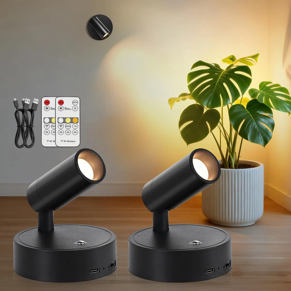 TaoFiaCo LED Spots Akku Wandleuchte Innen Schwarz 2 Stück - USB Wandlampe Aufladbar mit Fernbedienung 3 Farben - Spotlight LED Wandspots Bilderbeleuchtung Kabellos für Pflanzenstrahler Schlafzimmer