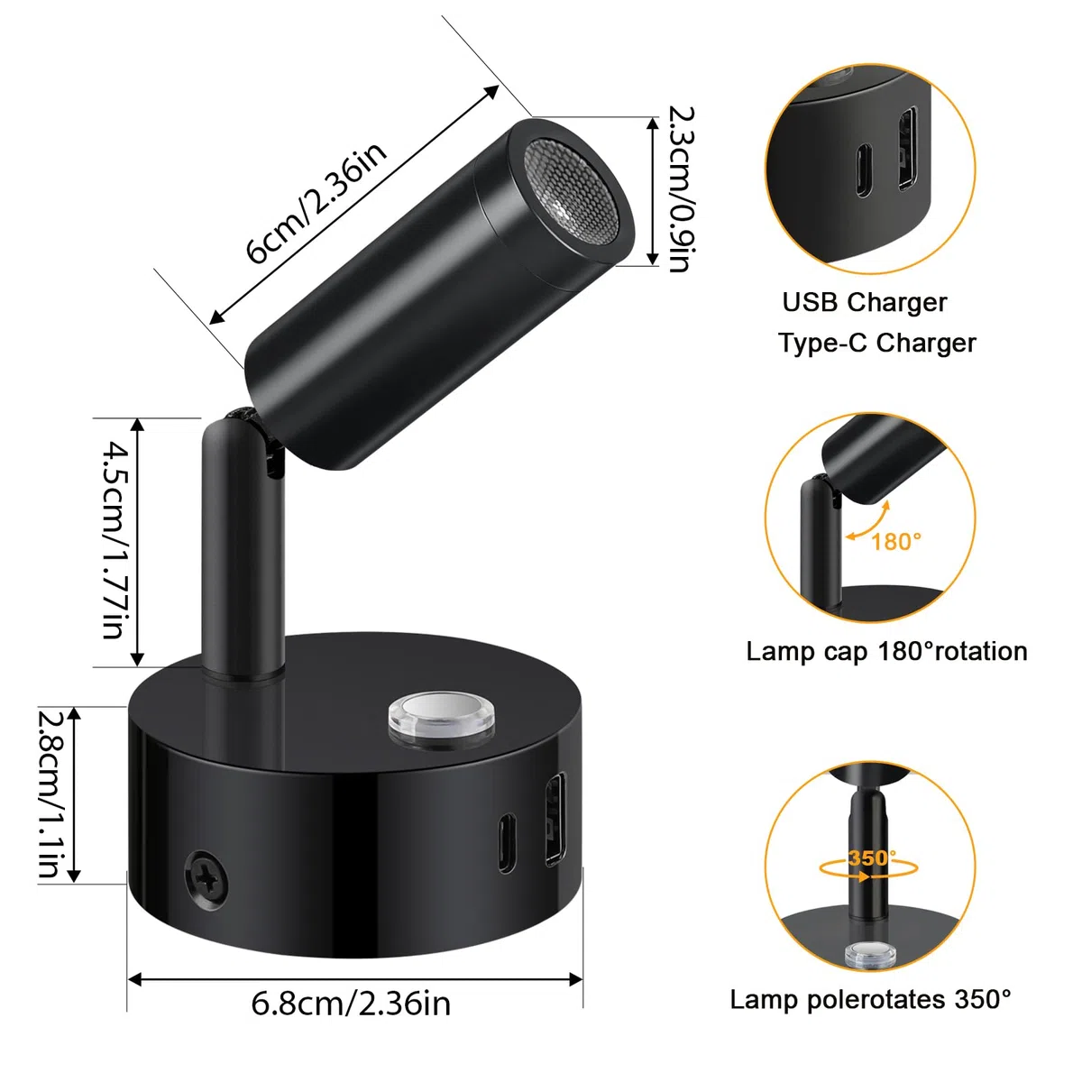 ERWEY 2er LED Leselampe 12V Wohnmobil,Wandleuchte Bettlampe mit Schalter Touch Dimmbar 3000K-6000K, DC 12V-24V Spot Innenbeleuchtung mit USB A+C-Anschlüssen für Boot Auto Van Yacht (Schwarz)