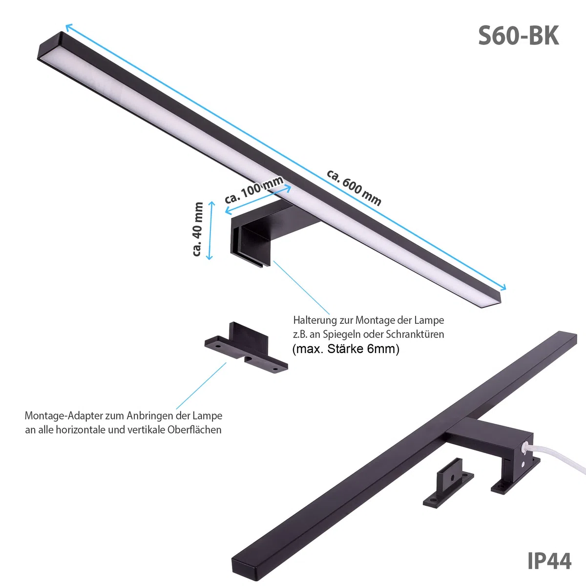Maxkomfort LED Spiegelleuchte Bad 60cm Eckig Schwarz – 8W Neutralweiß 4000K – IP44 230V Aufbauleuchte – Badbeleuchtung & Schminklicht für Spiegelschrank & Wand